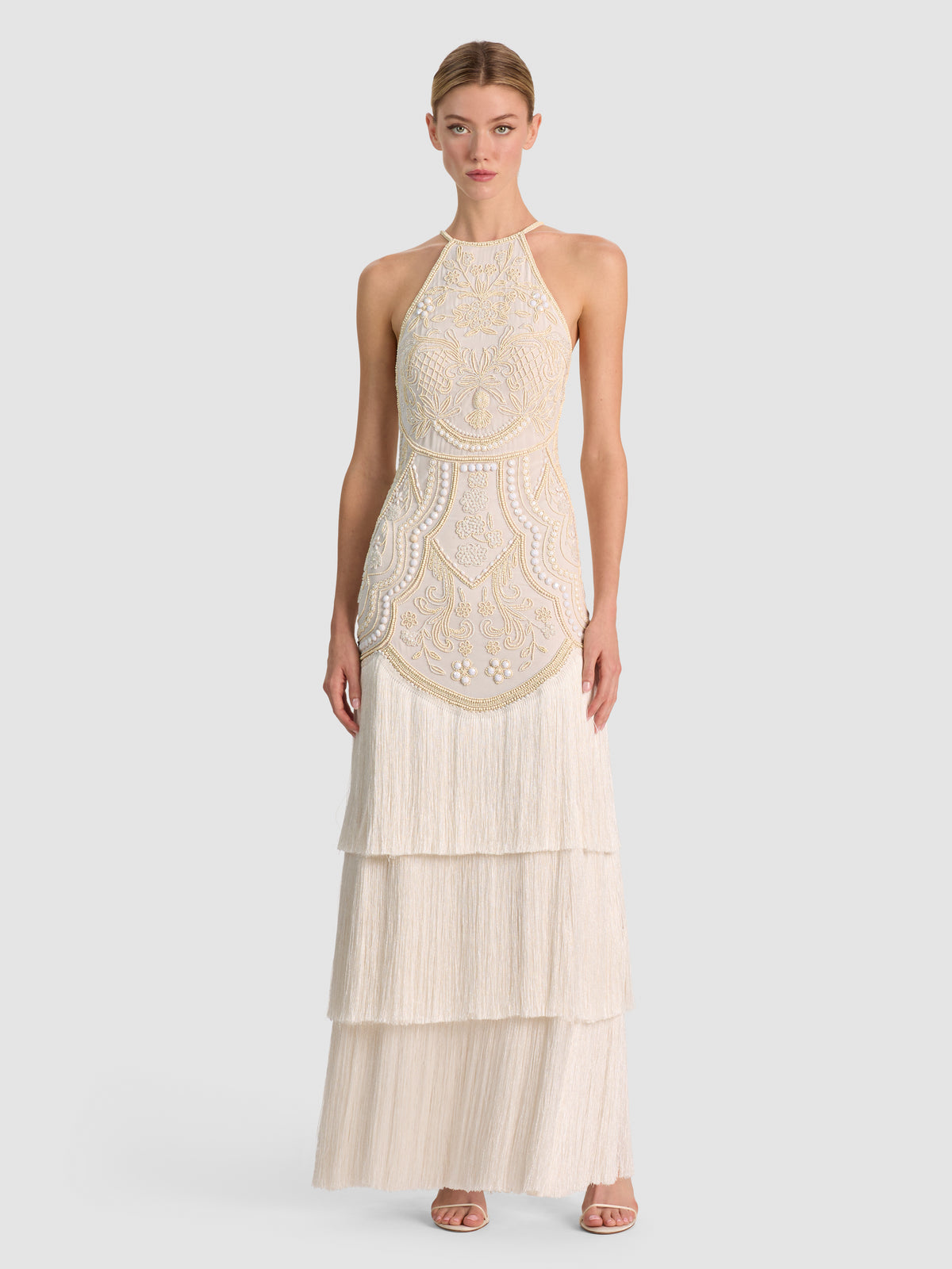 GIULIA EMBELLISHED HALTER FRINGE MIDI DRESS-VANILLA-ALICE + OLIVIA