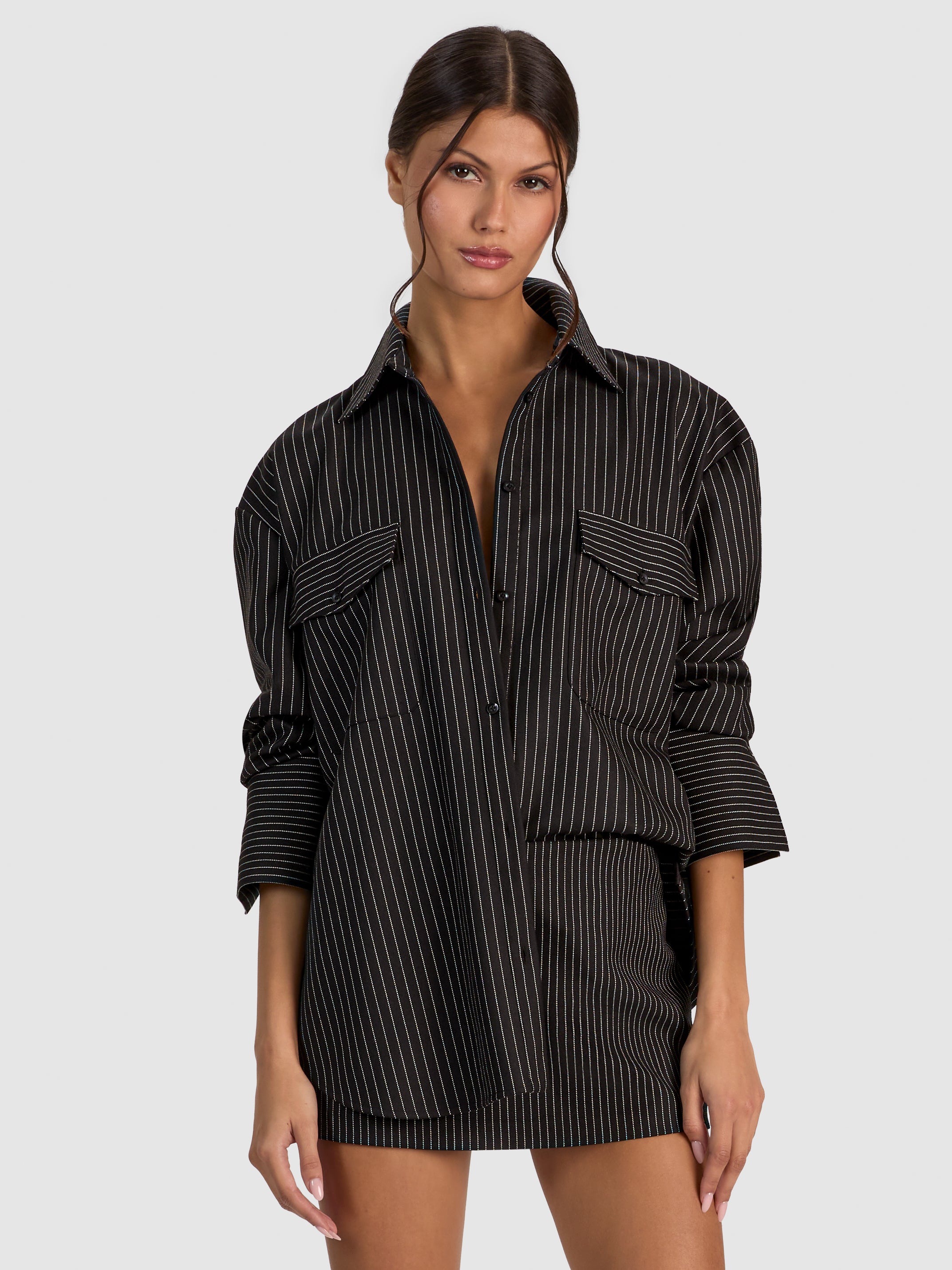 FINELY OVERSIZED UTILITY SHIRT-BLACK/OFF WHITE-ALICE + OLIVIA