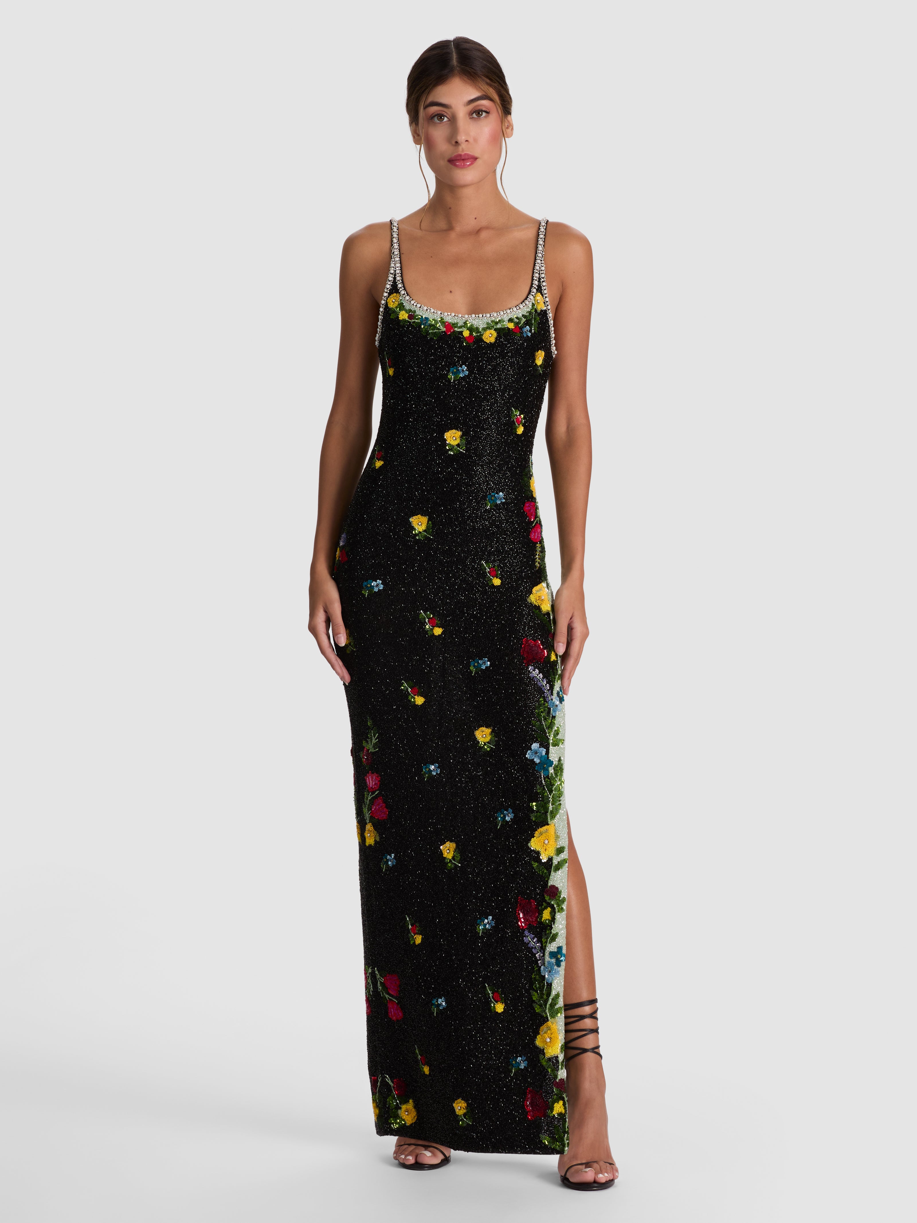 JULIA EMBELL SCOOP NK MIDI GOWN-DESERT SPRIGS BLACK-ALICE + OLIVIA