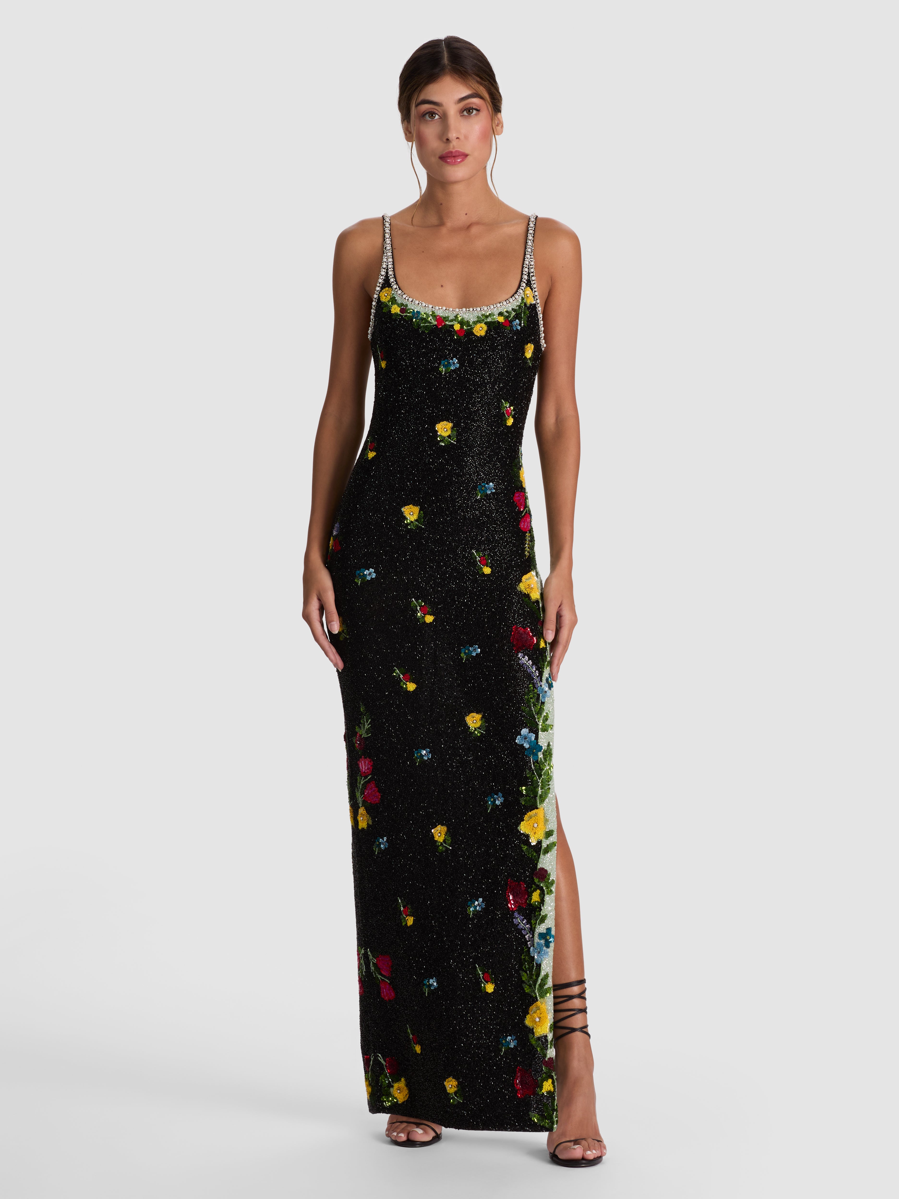 JULIA EMBELL SCOOP NK MIDI GOWN-DESERT SPRIGS BLACK-ALICE + OLIVIA