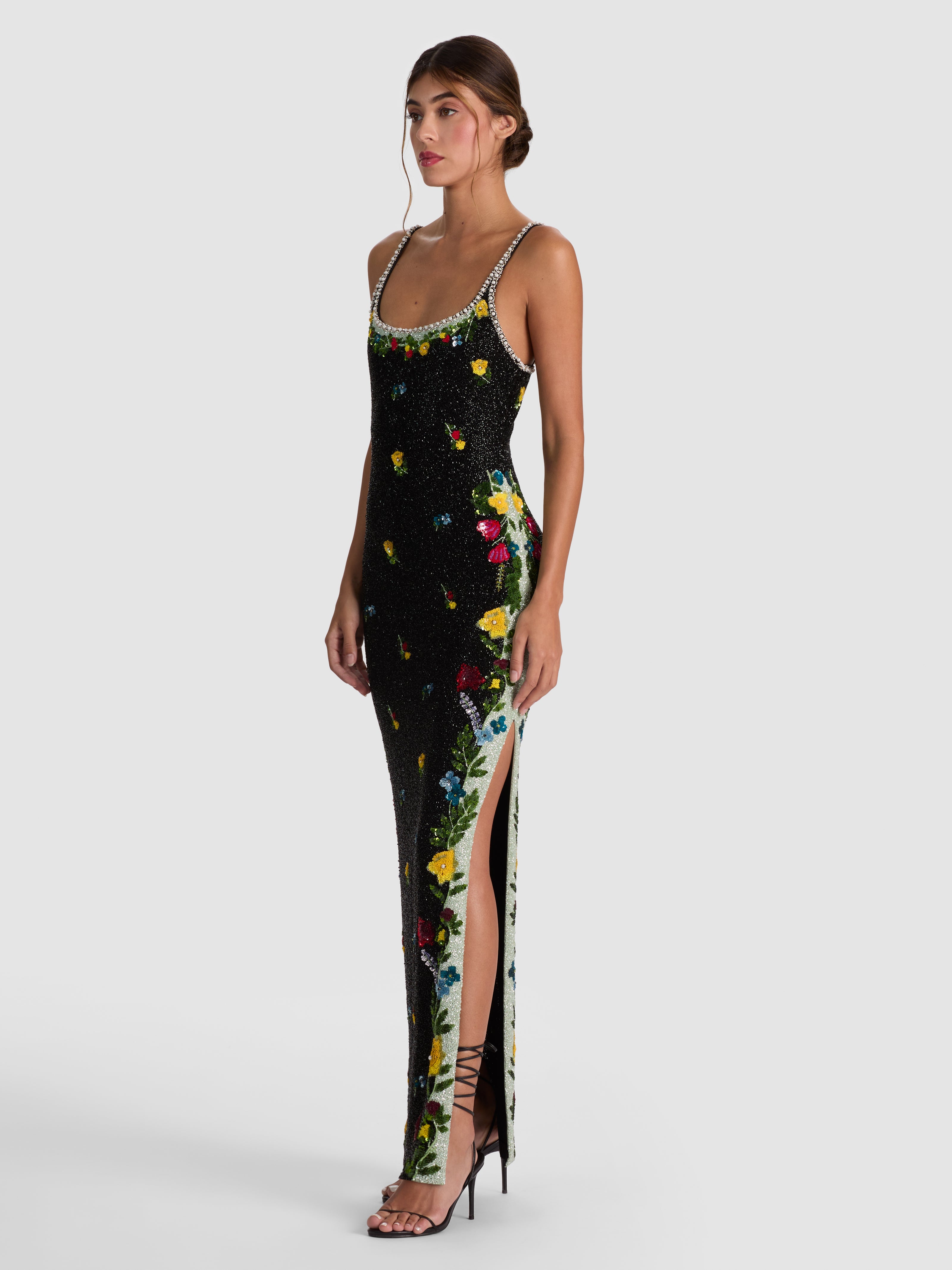 JULIA EMBELLISHED GOWN-DESERT SPRIGS BLACK-ALICE + OLIVIA