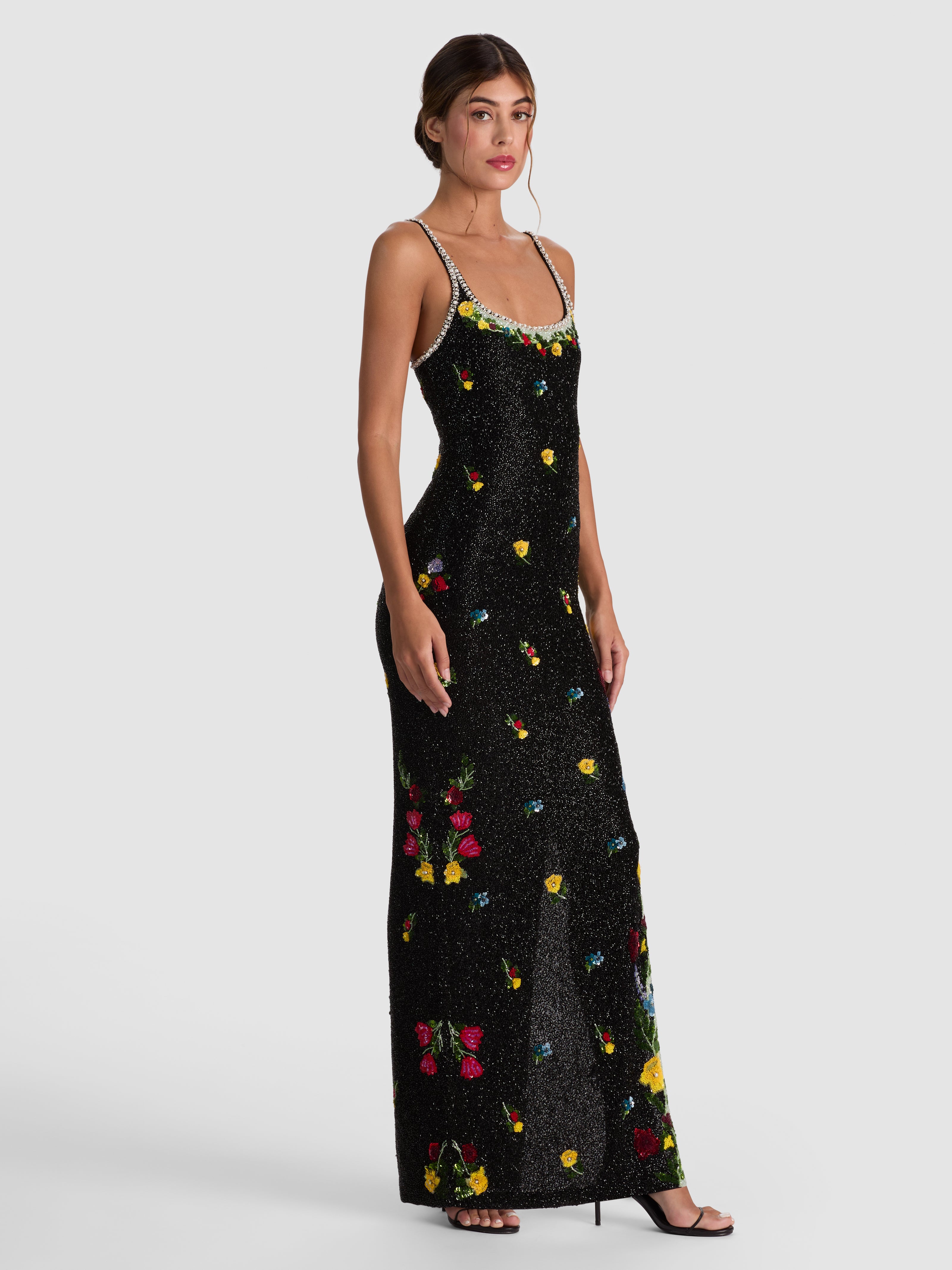 JULIA EMBELLISHED GOWN-DESERT SPRIGS BLACK-ALICE + OLIVIA