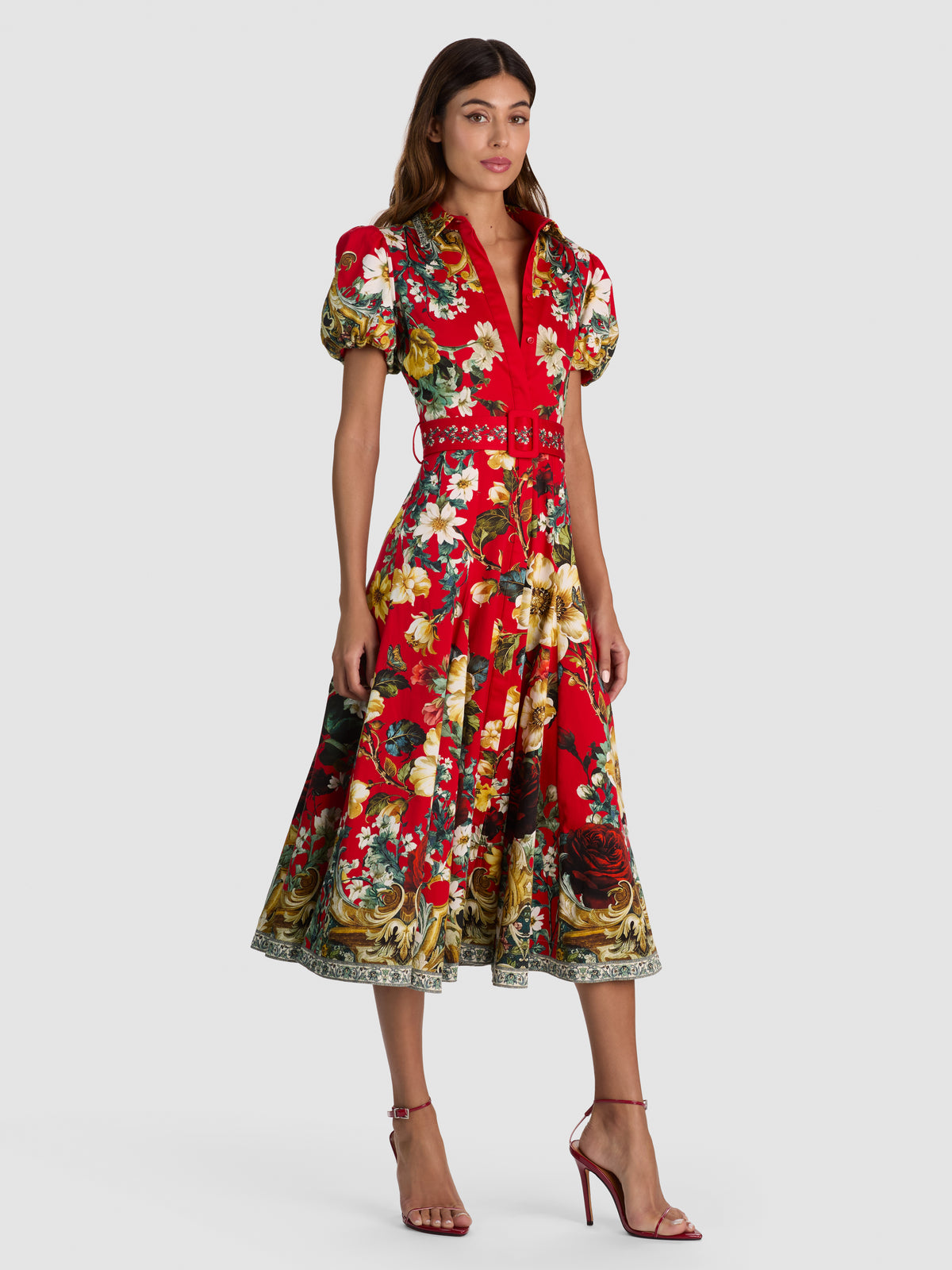 ABITO MIDI SVASATO A RUOTA CON CINTURA HENRIETTA-GARDEN VISTA CANDY APPLE-ALICE + OLIVIA