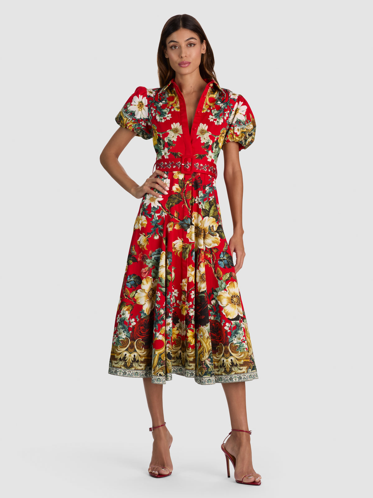 ABITO MIDI SVASATO A RUOTA CON CINTURA HENRIETTA-GARDEN VISTA CANDY APPLE-ALICE + OLIVIA