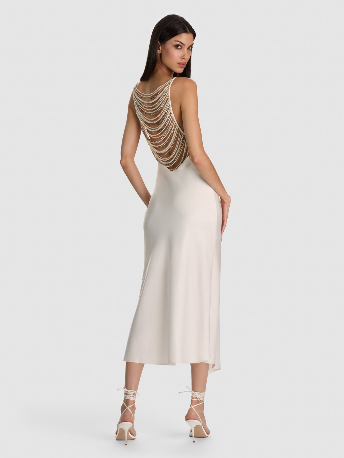 HARMONY EMBELLISHED DRAPEY SLIP MIDI DRESS - OFF WHITE
