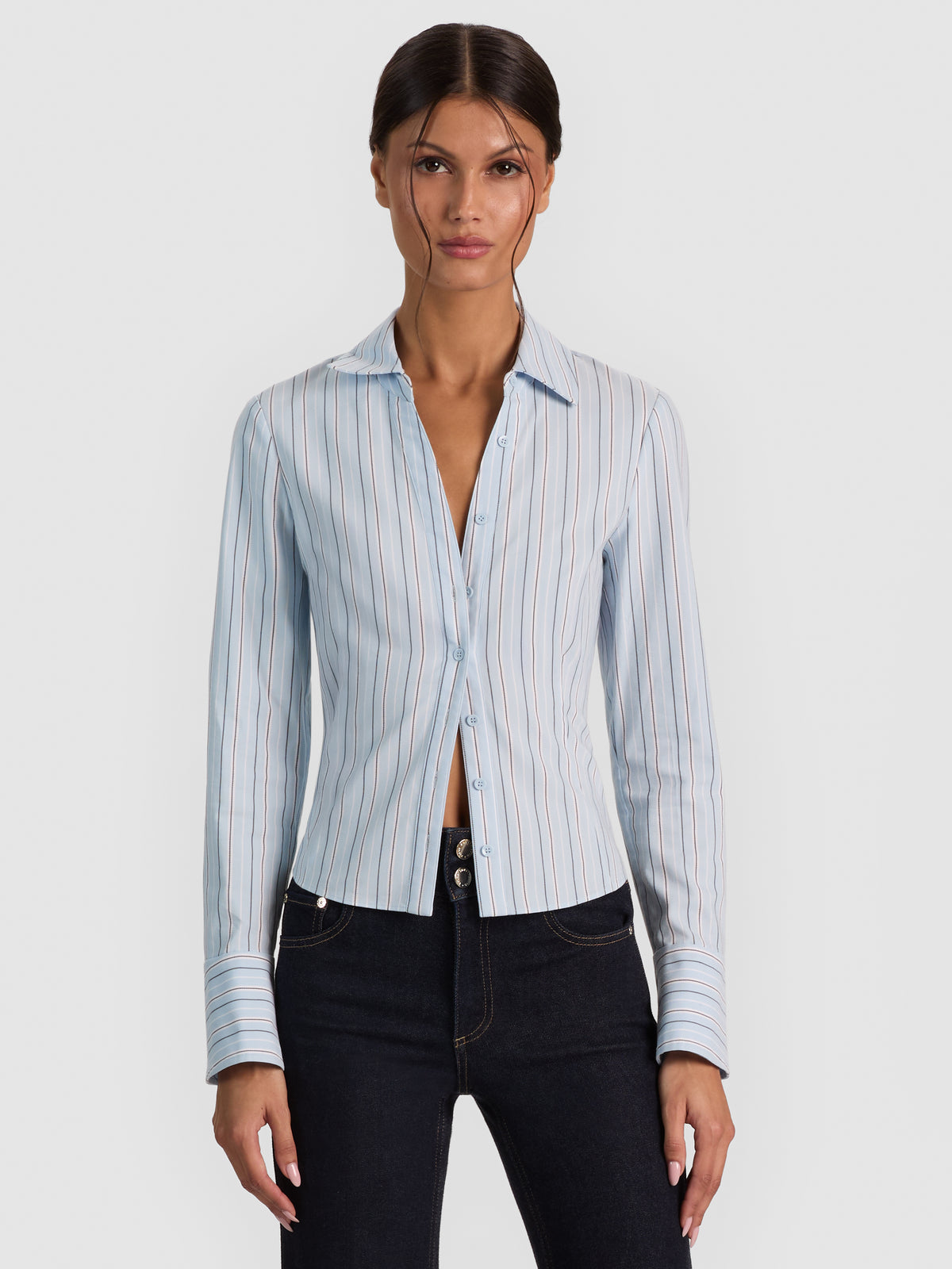 FREYA FITTED NIPPED WAIST BTN DWN TOP - CAROLINA BLUE MULTI