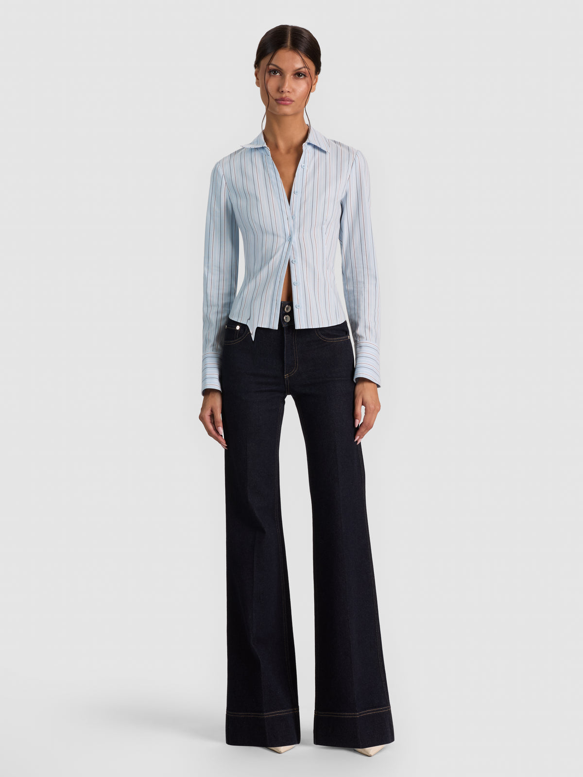 FREYA FITTED NIPPED WAIST BTN DWN TOP - CAROLINA BLUE MULTI