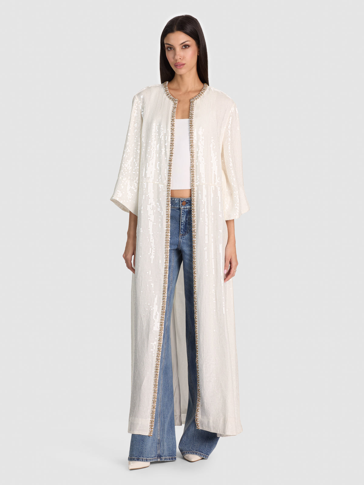 ALBA MAXI CARDIGAN LUNGO CON PAILLETTES VOLUMINOSE-OFF WHITE-ALICE + OLIVIA