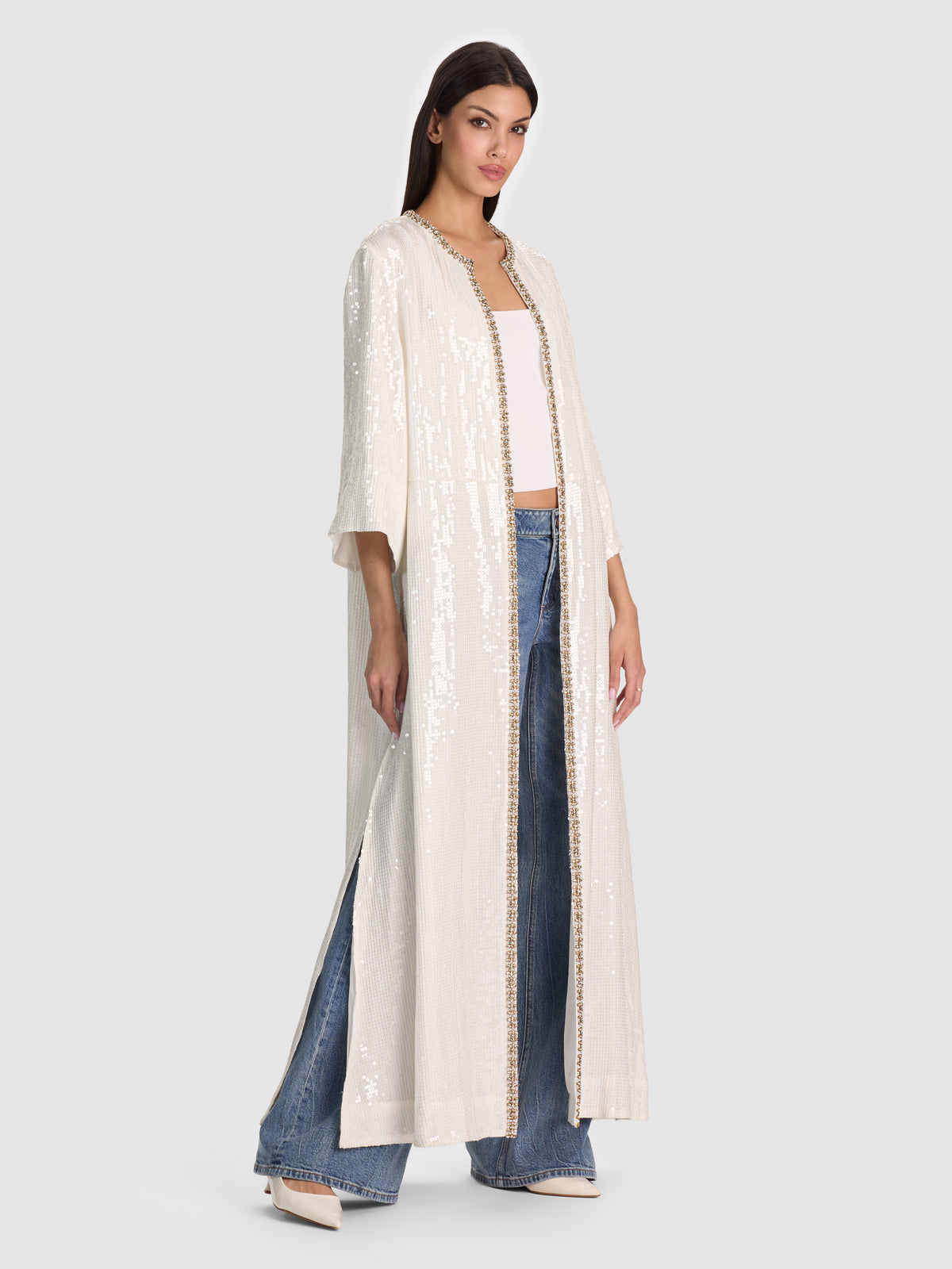 ALBA MAXI CARDIGAN LUNGO CON PAILLETTES VOLUMINOSE-OFF WHITE-ALICE + OLIVIA