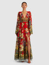 ROBE LONGUE ÉVASÉE MANCHES EVASÉES DÉCOLLETÉ EN V PROFOND ISLA-GARDEN VISTA CANDY APPLE-ALICE + OLIVIA