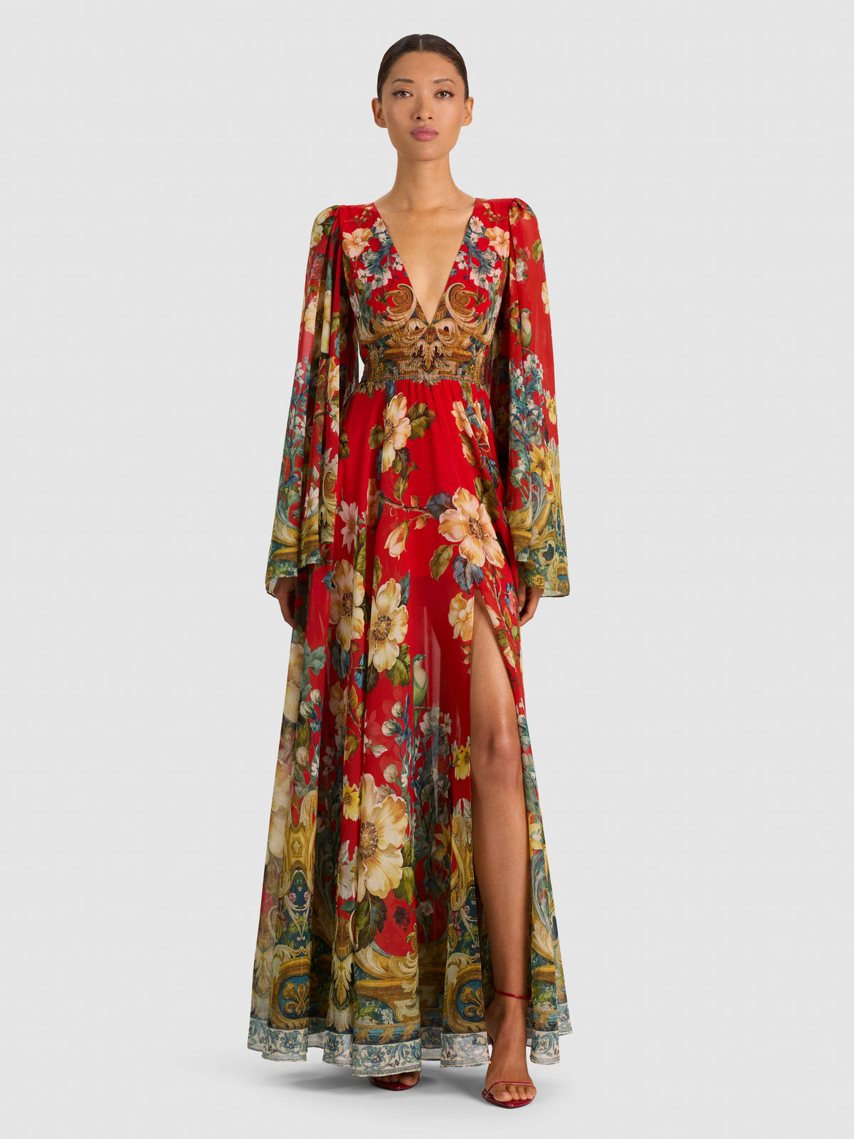 ISLA PLUNGING MAXI DRESS - GARDEN VISTA CANDY APPLE
