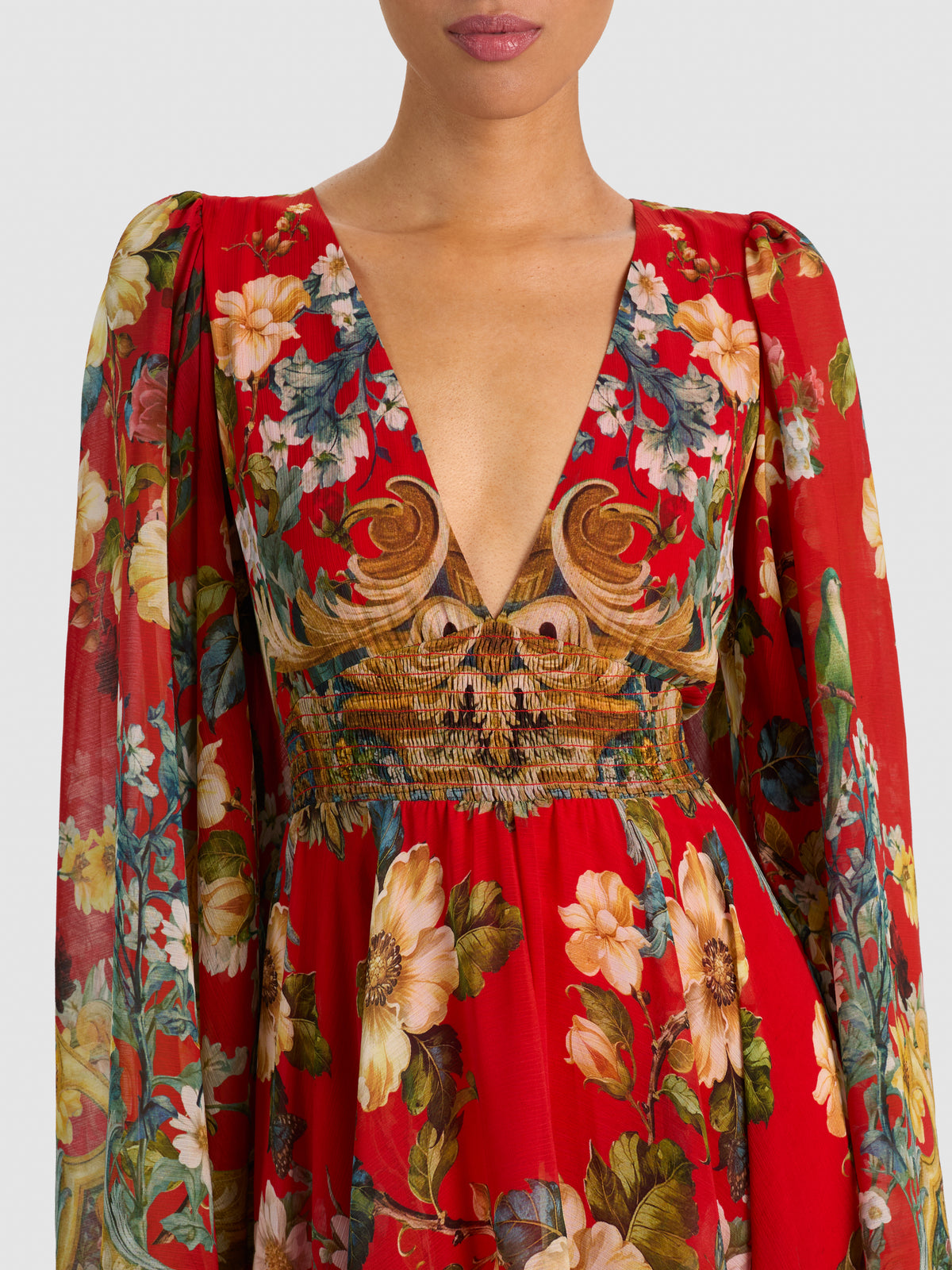 ROBE LONGUE ÉVASÉE MANCHES EVASÉES DÉCOLLETÉ EN V PROFOND ISLA-GARDEN VISTA CANDY APPLE-ALICE + OLIVIA