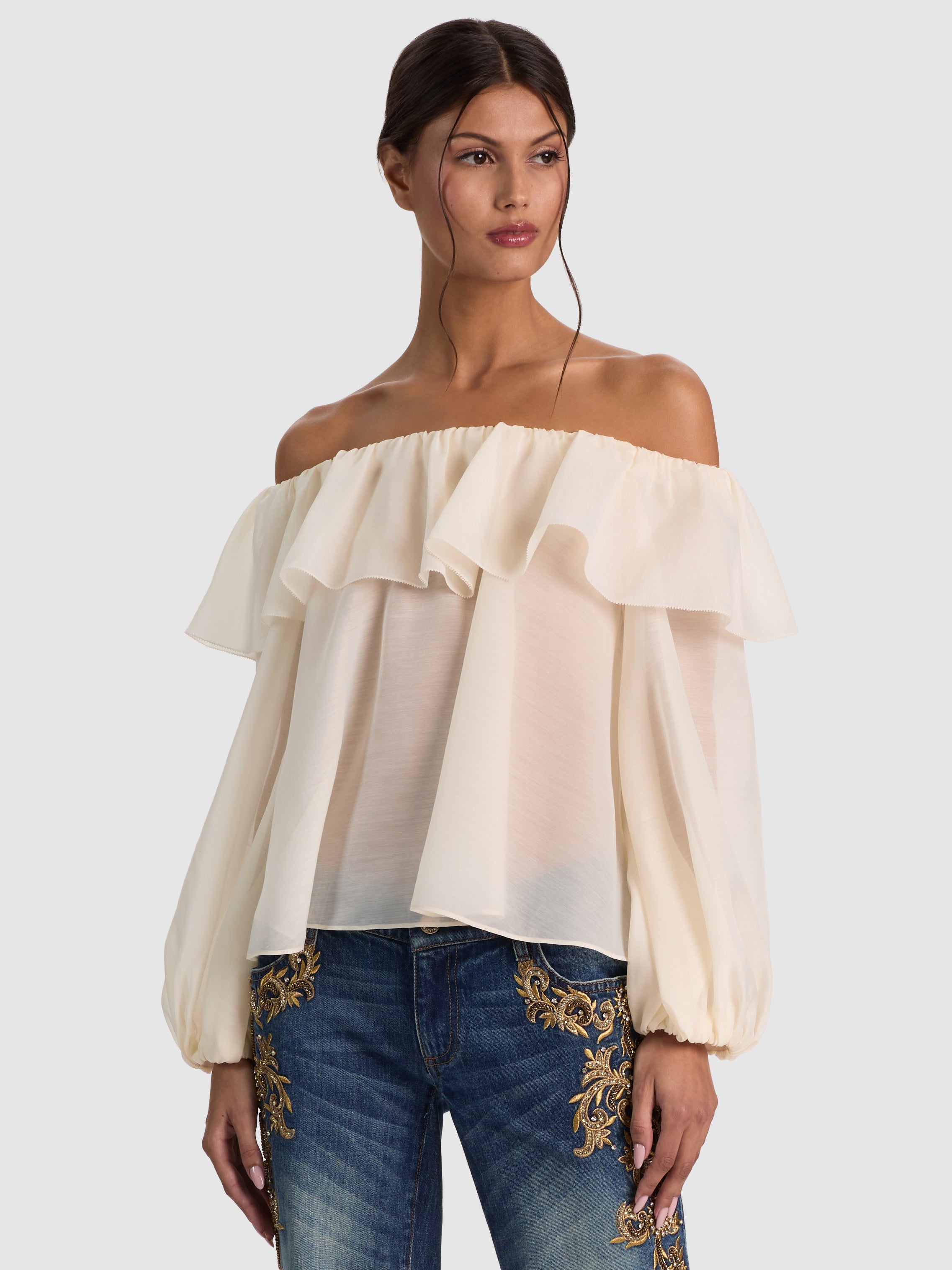 ALTA OFF THE SHOULDER RUFFLE BLOUSE-CHINO-ALICE + OLIVIA
