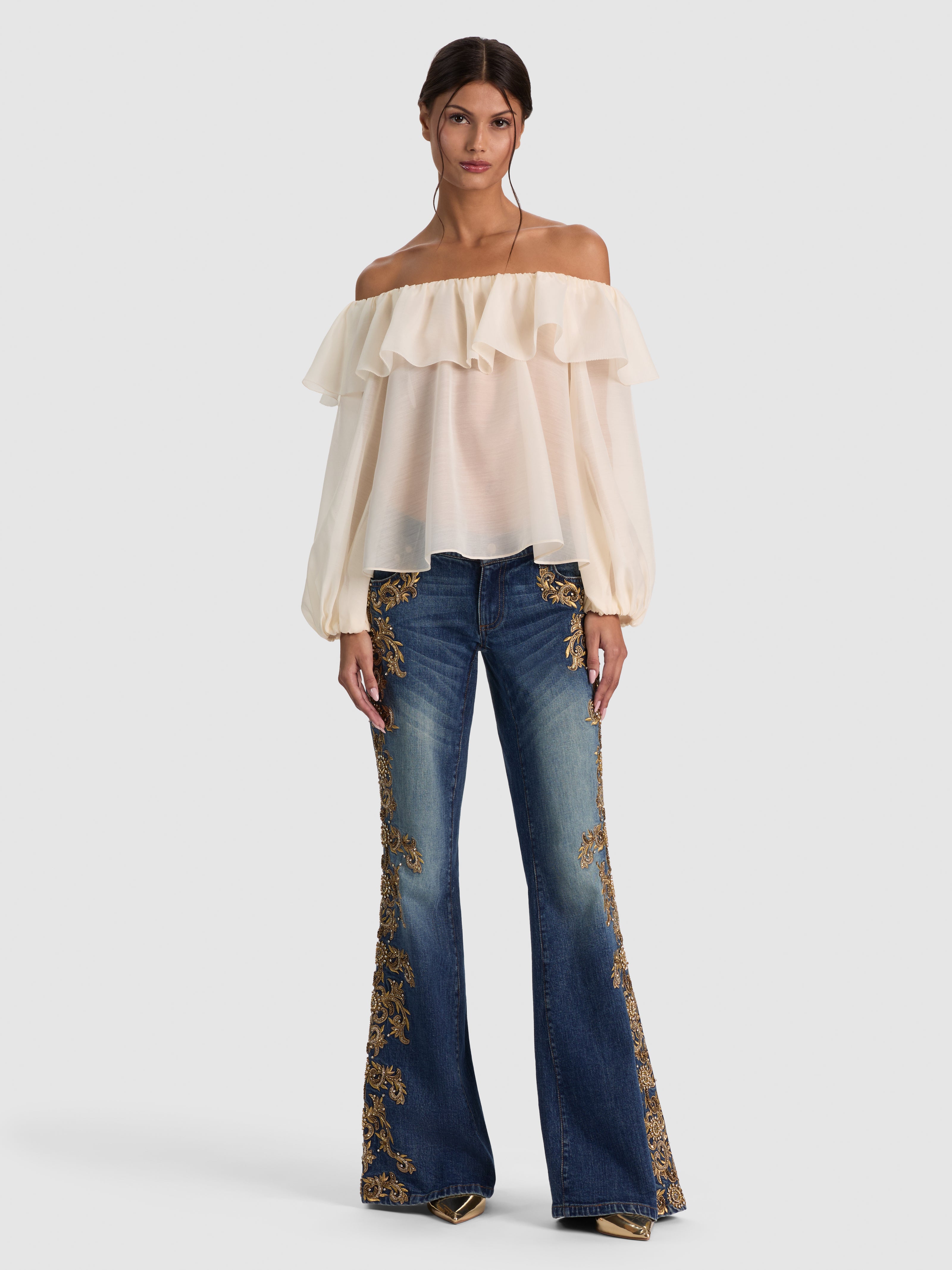 ALTA OFF THE SHOULDER RUFFLE BLOUSE-CHINO-ALICE + OLIVIA