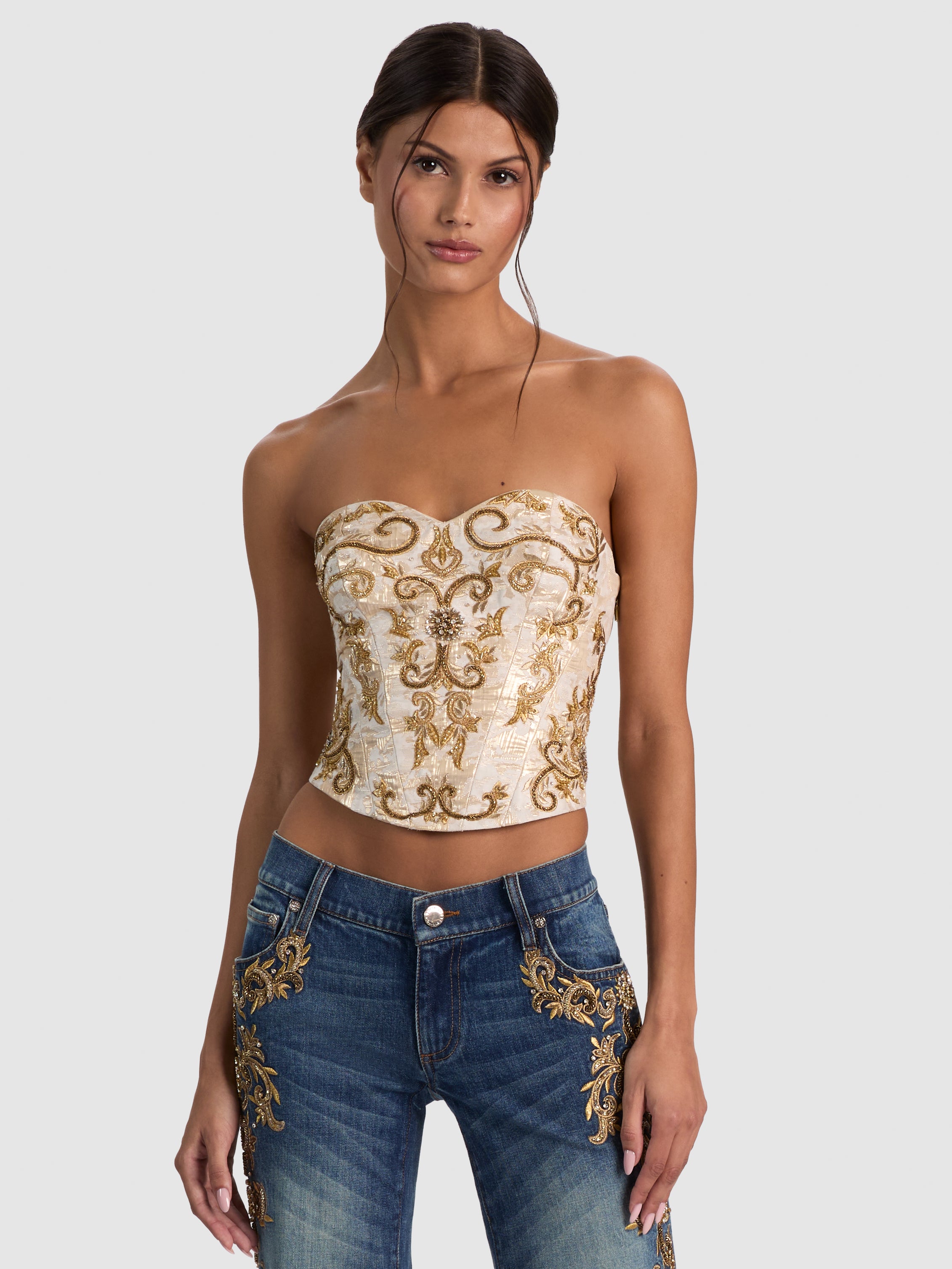 ALECIA EMBELLISHED STRAPLESS BUSTIER TOP-CHAMPAGNE/GOLD-ALICE + OLIVIA