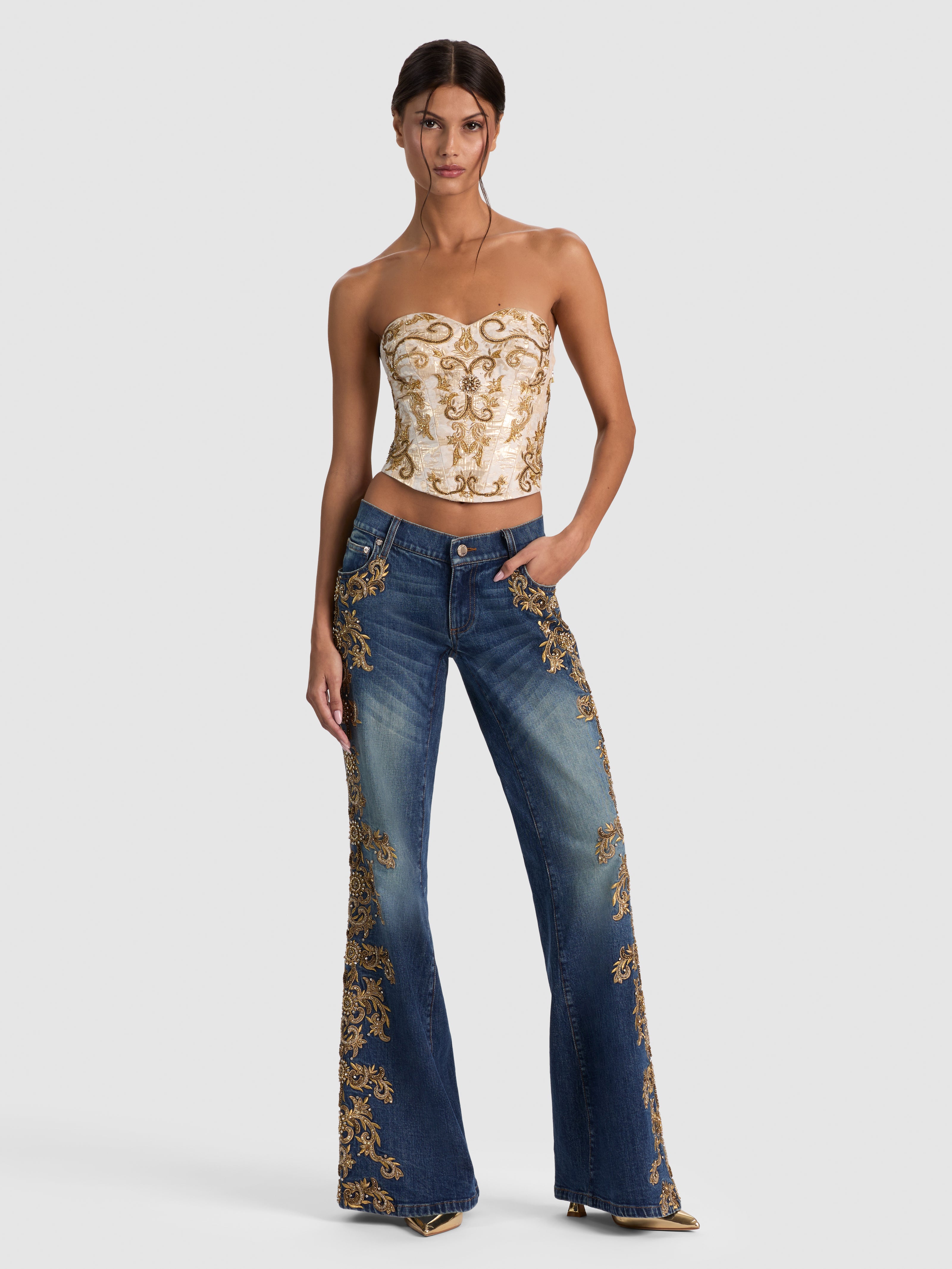ALECIA EMBELLISHED STRAPLESS BUSTIER TOP-CHAMPAGNE/GOLD-ALICE + OLIVIA