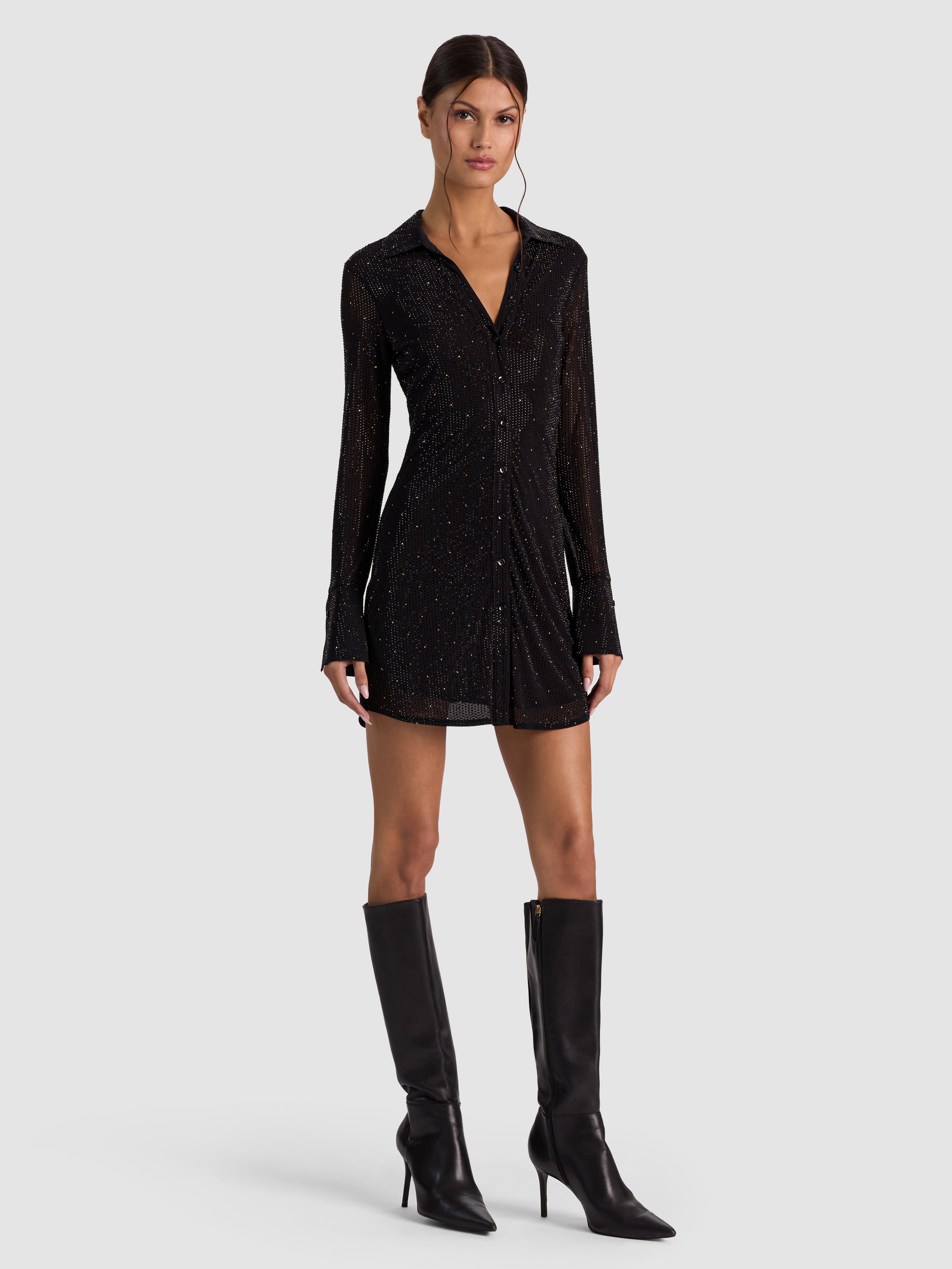 FREYA EMBELLISHED BUTTON DOWN DRESS in BLACK/GOLD