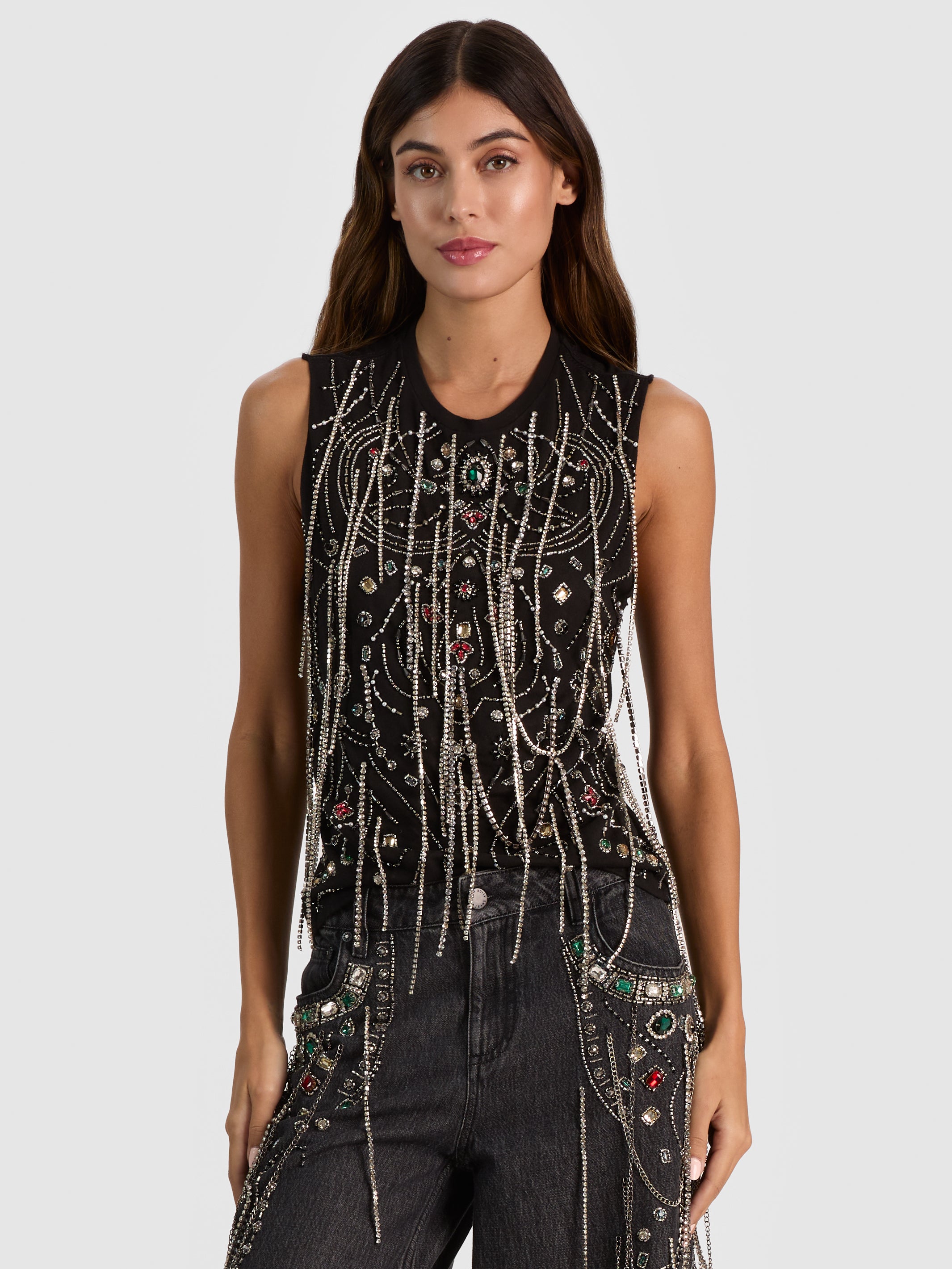 DEDE EMBELLISHED CHAIN TANK - BLACK/GUNMETAL in Black | ALICE + OLIVIA