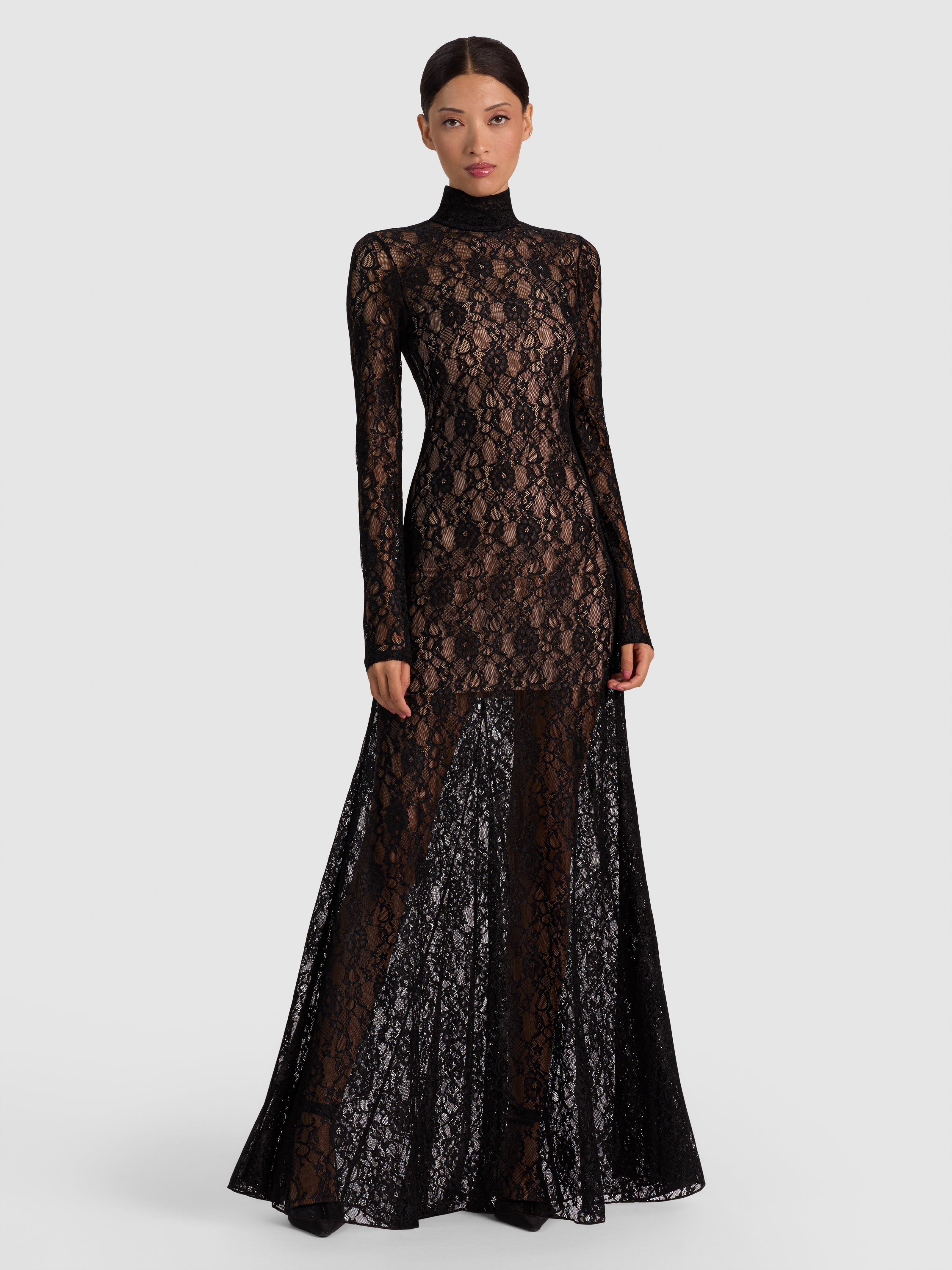 DELORA LACE MAXI DRESS WITH TRAIN-Black-ALICE + OLIVIA