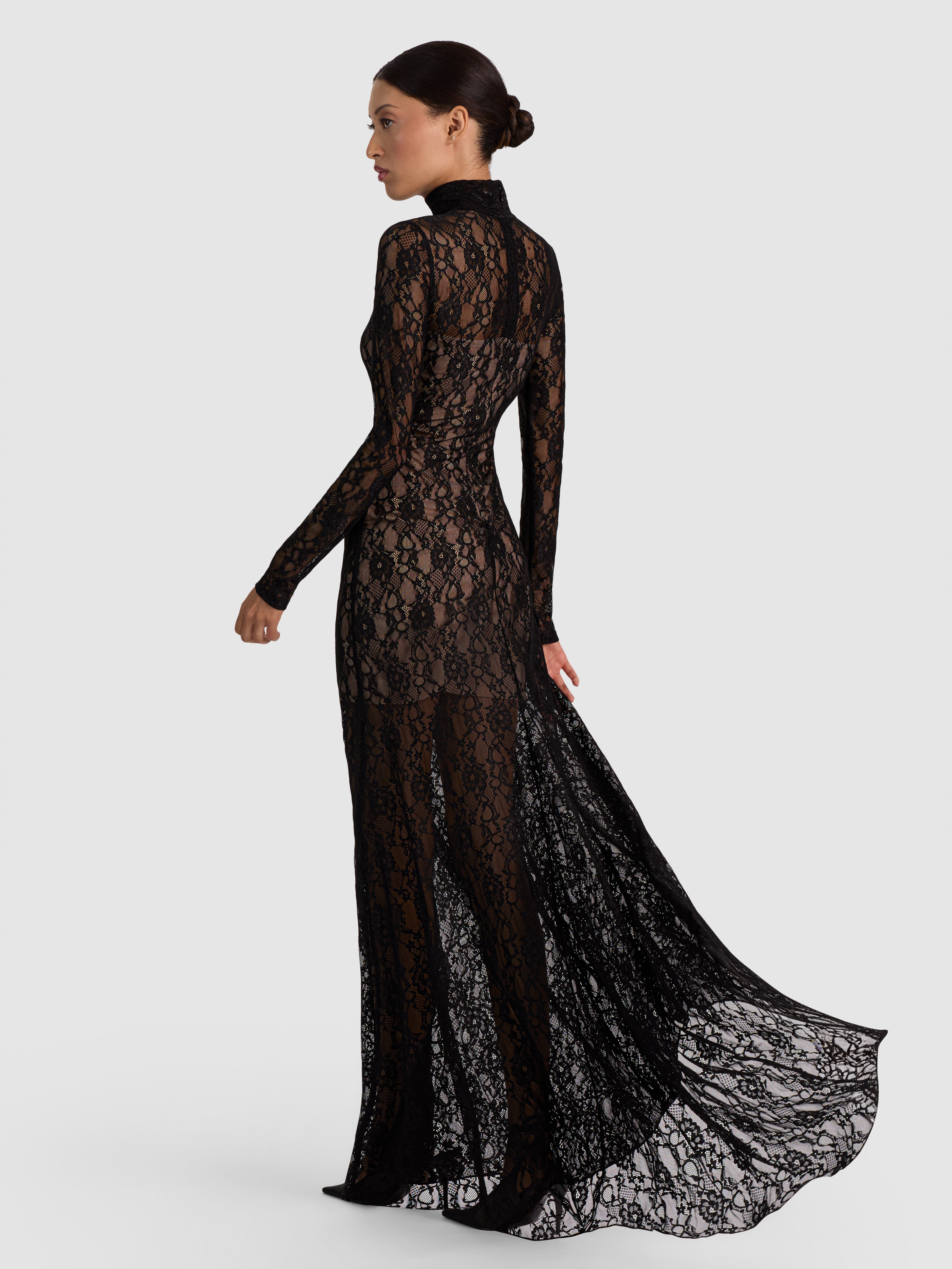 DELORA LACE MAXI DRESS WITH TRAIN in Black | ALICE + OLIVIA