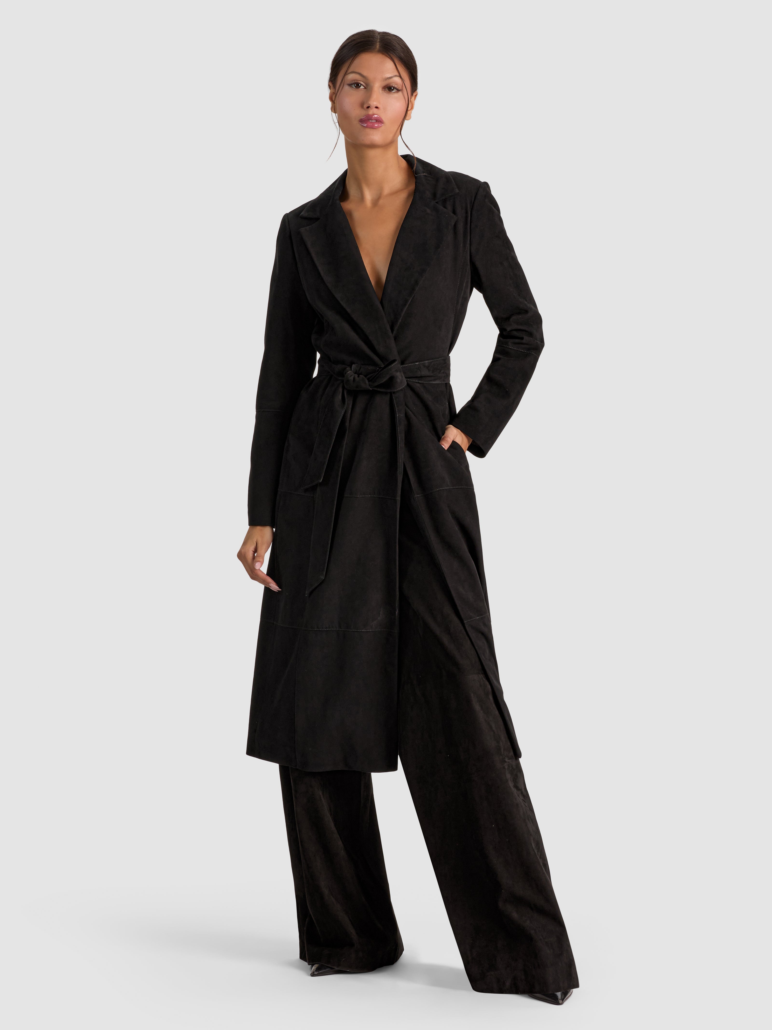 KARLEY SUEDE WRAP LONG COAT-Black-ALICE + OLIVIA