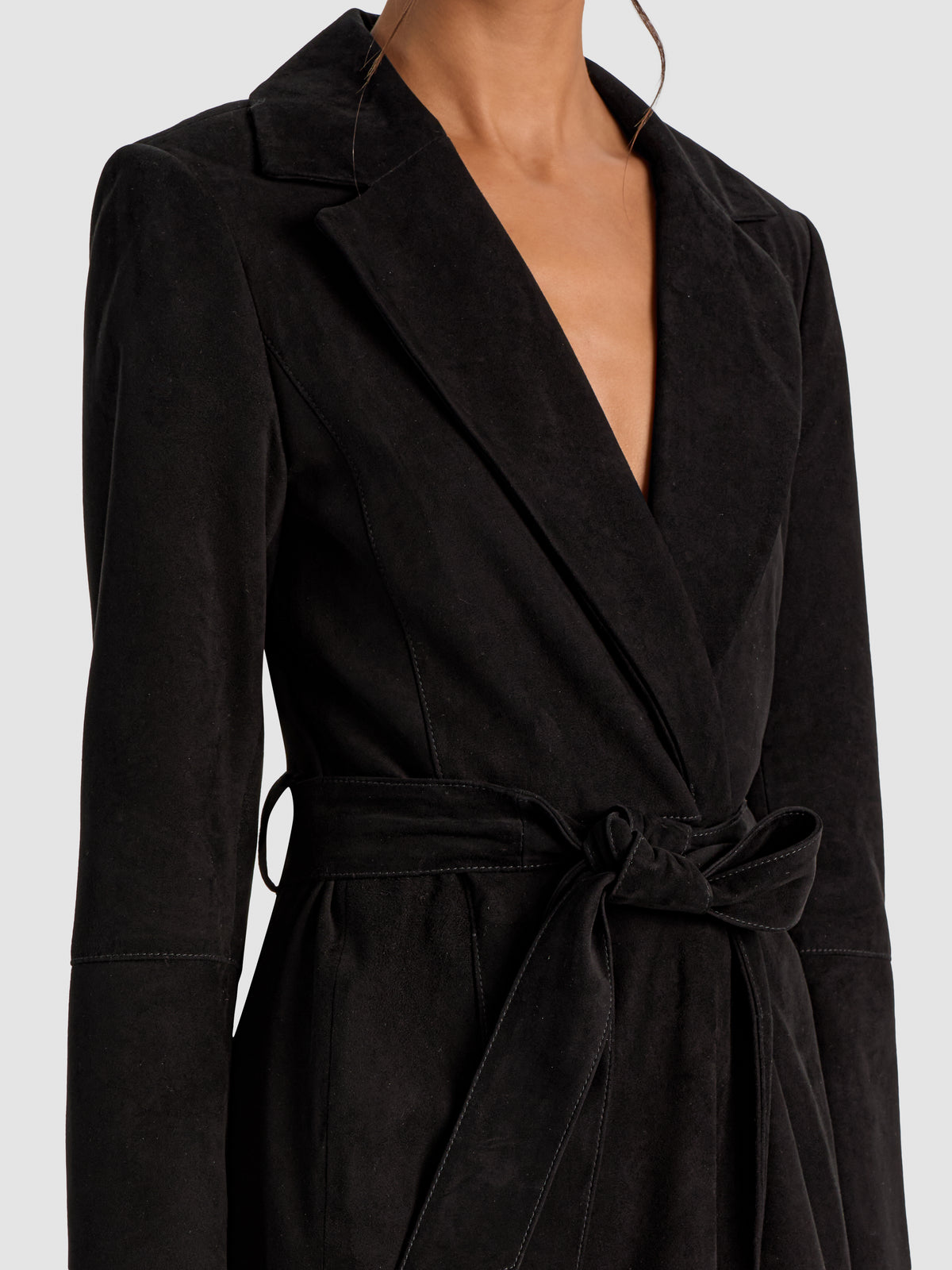 KARLEY SUEDE FLARE BK WRAP LONG COAT - NERO
