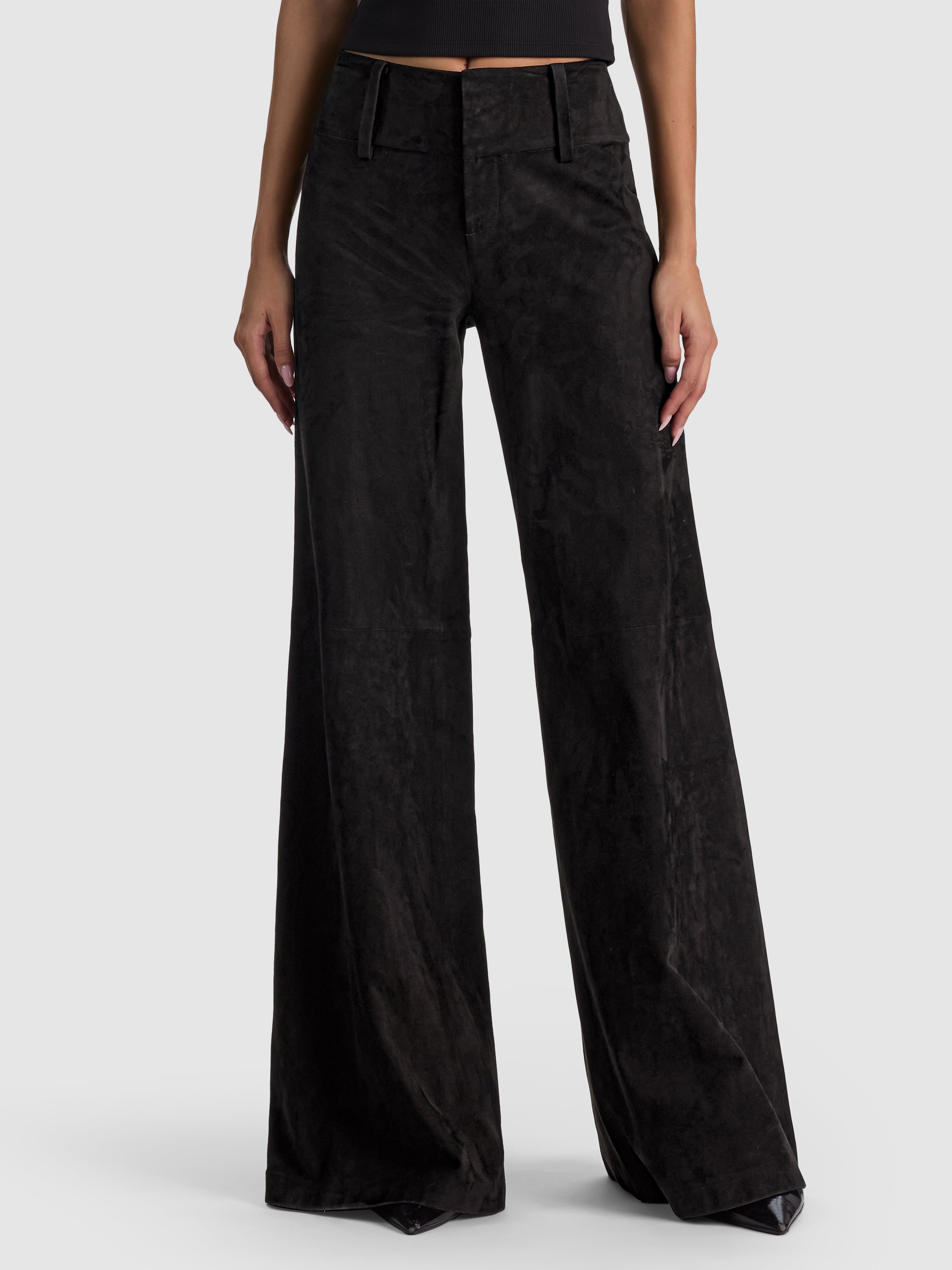 OLIVIA SUEDE WIDE LEG FLARE PANT-Black-ALICE + OLIVIA