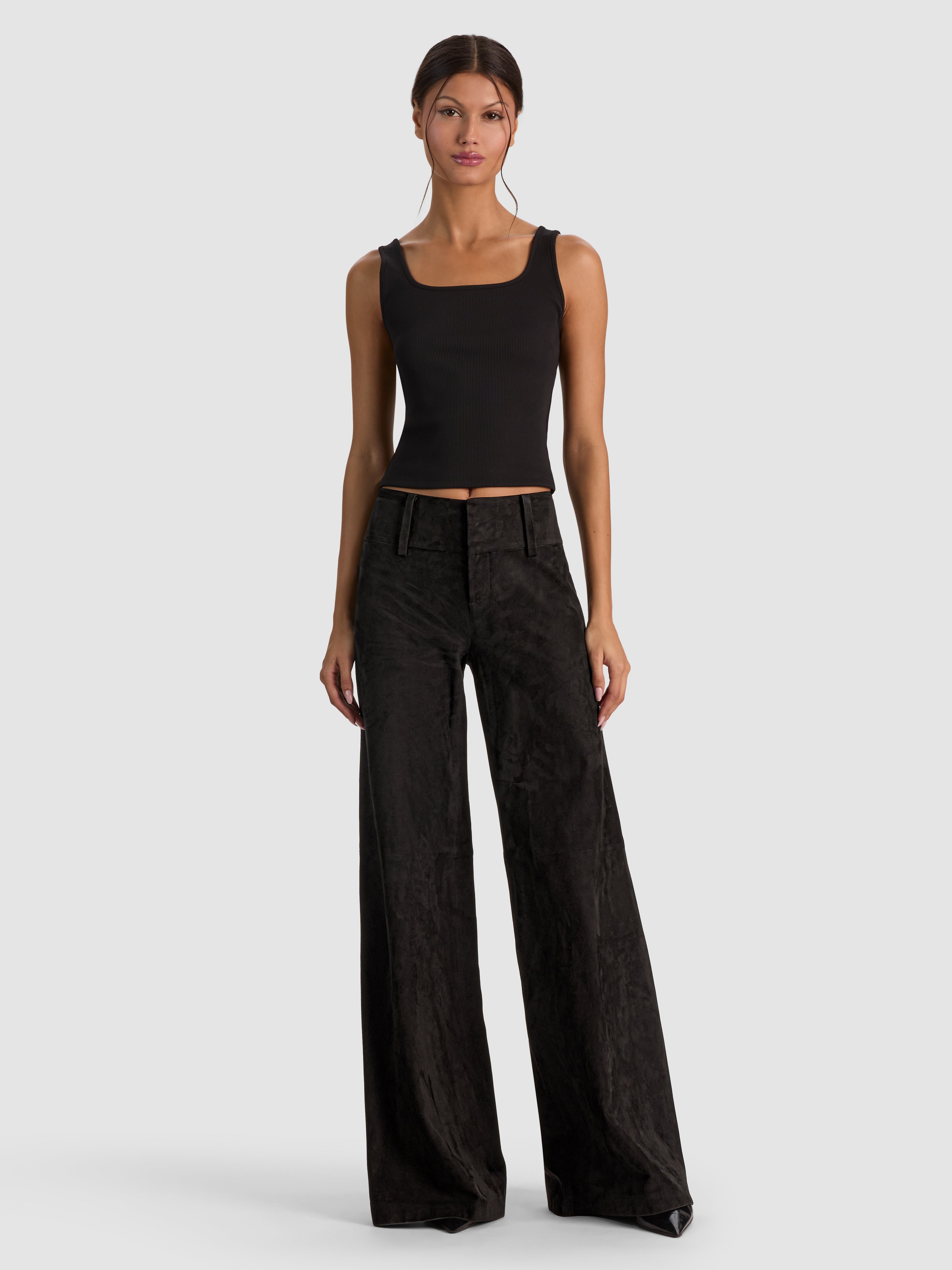 OLIVIA SUEDE WIDE LEG FLARE PANT-Black-ALICE + OLIVIA