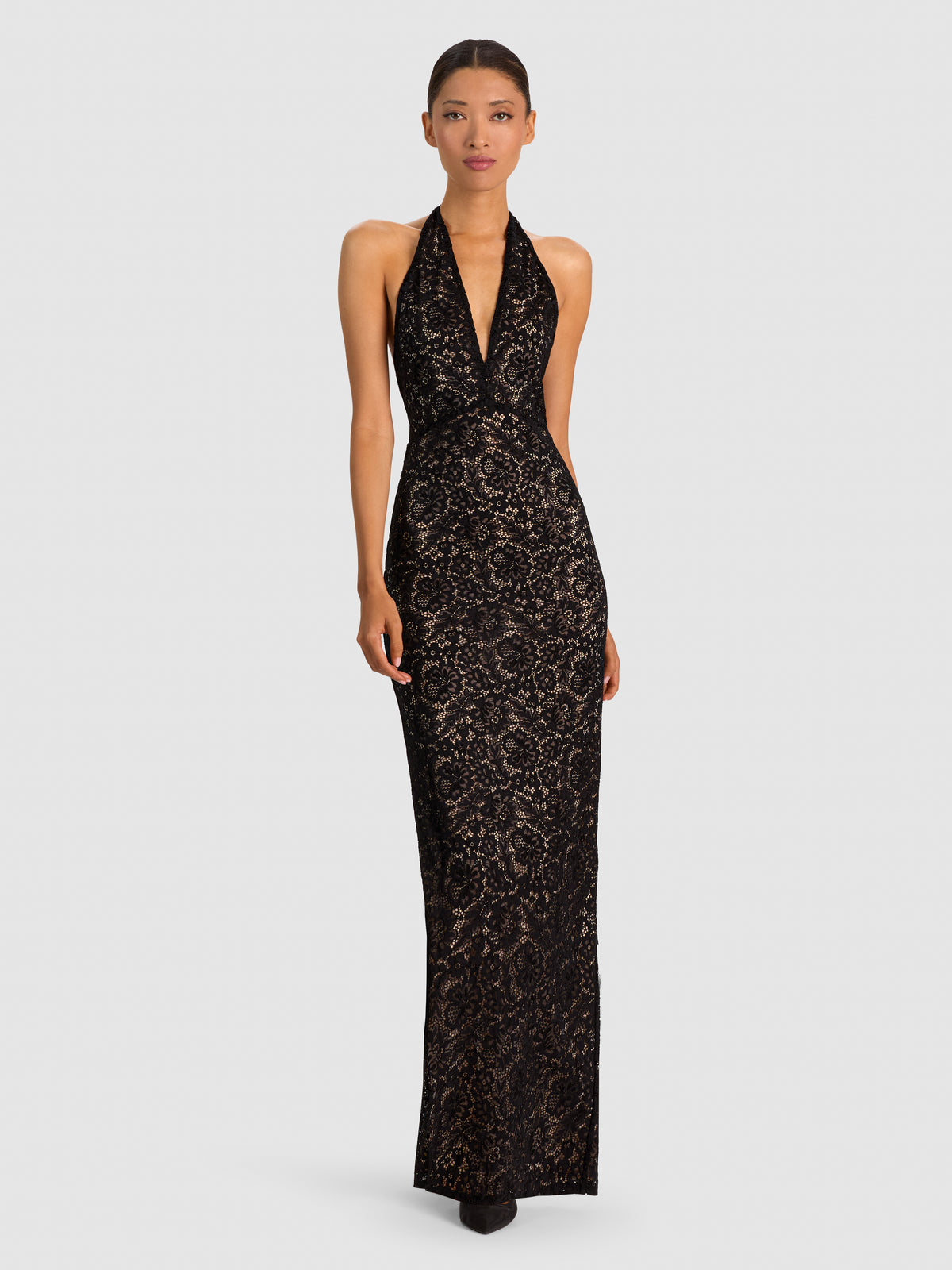 ESTELLE FOIL LACE HALTER MAXI DRESS - BLACK