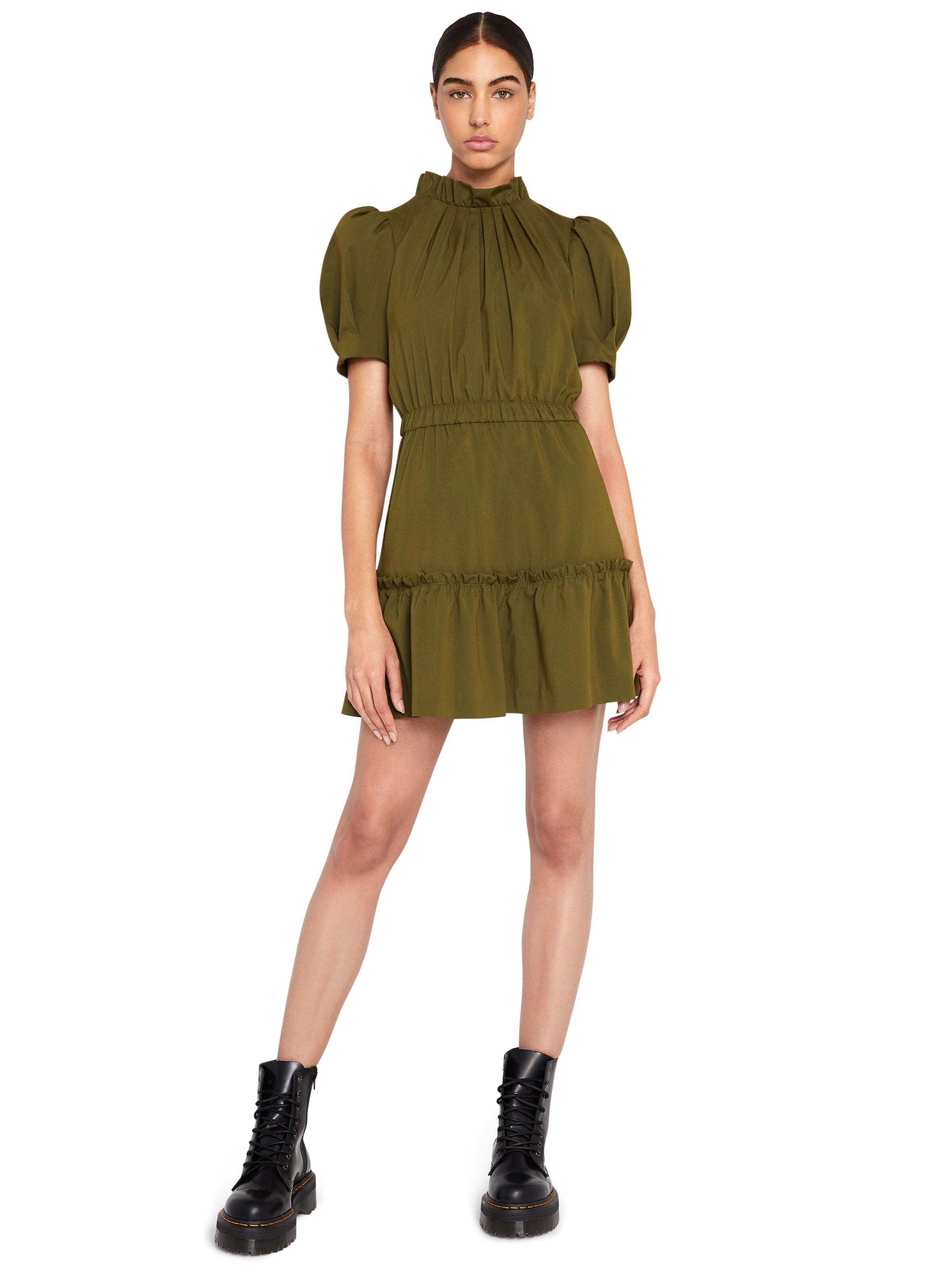 VIDA PUFF SLEEVE RUFFLE DRESS-OLIVE-ALICE + OLIVIA