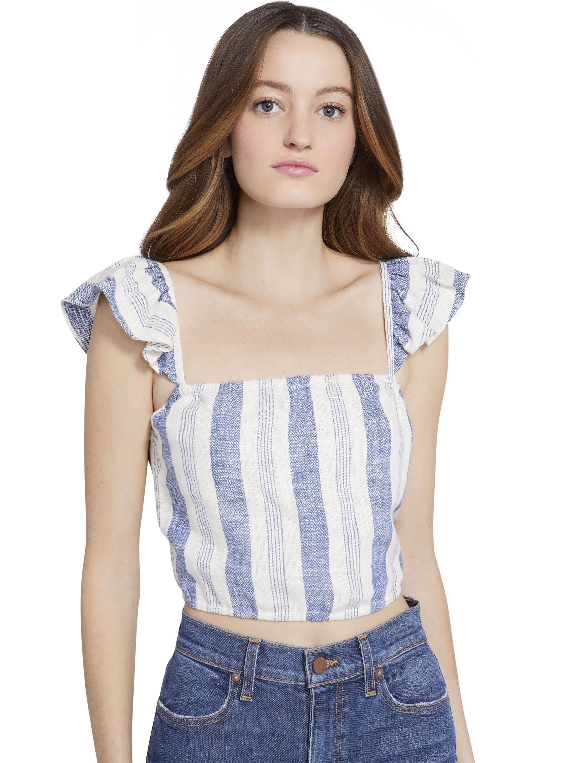 CELESTIA FLUTTER SLEEVE CROP TOP-CREAM/BLUE-ALICE + OLIVIA