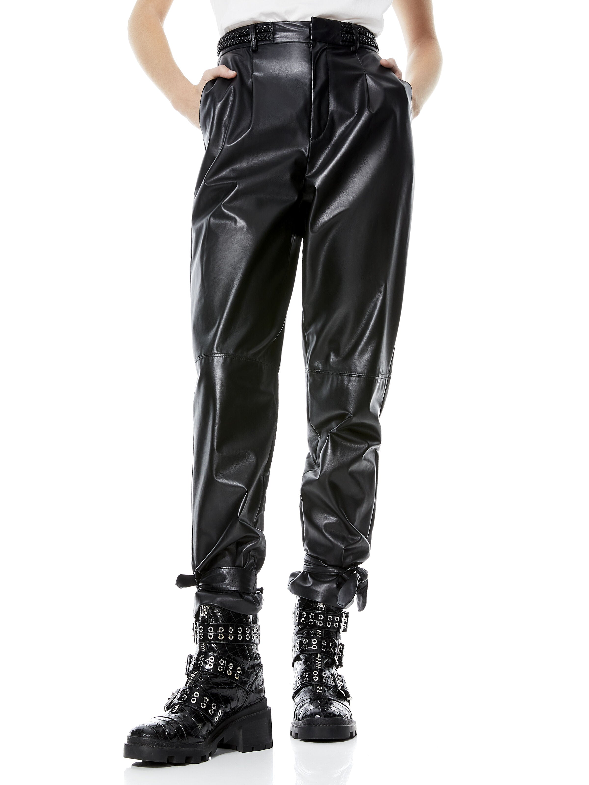 IVETTE LEATHER BRAIDED BELT PANT-Black-ALICE + OLIVIA