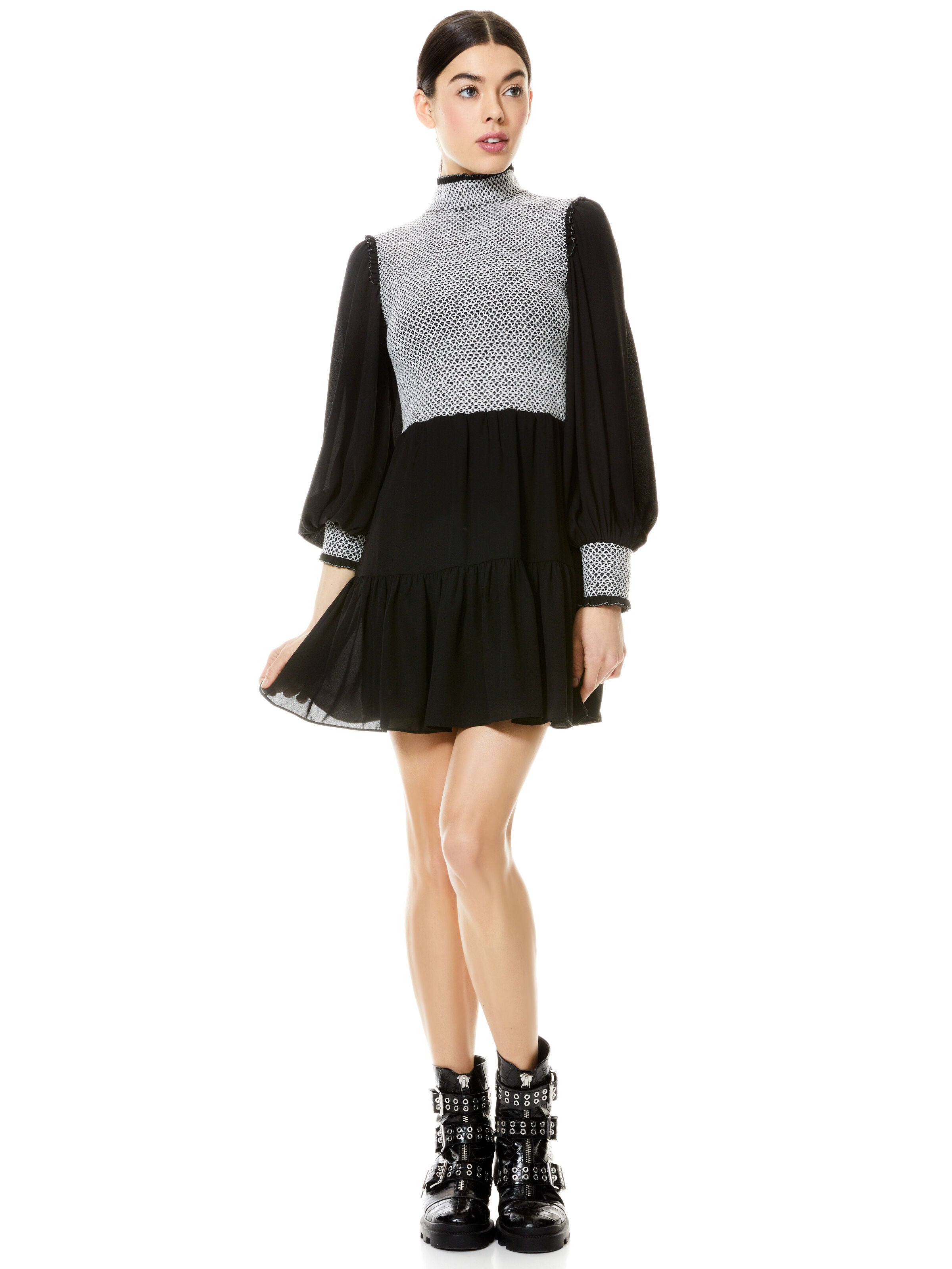 ELVIRA SMOCKED MOCK NECK MINI DRESS -BLACK/WHITE-ALICE + OLIVIA
