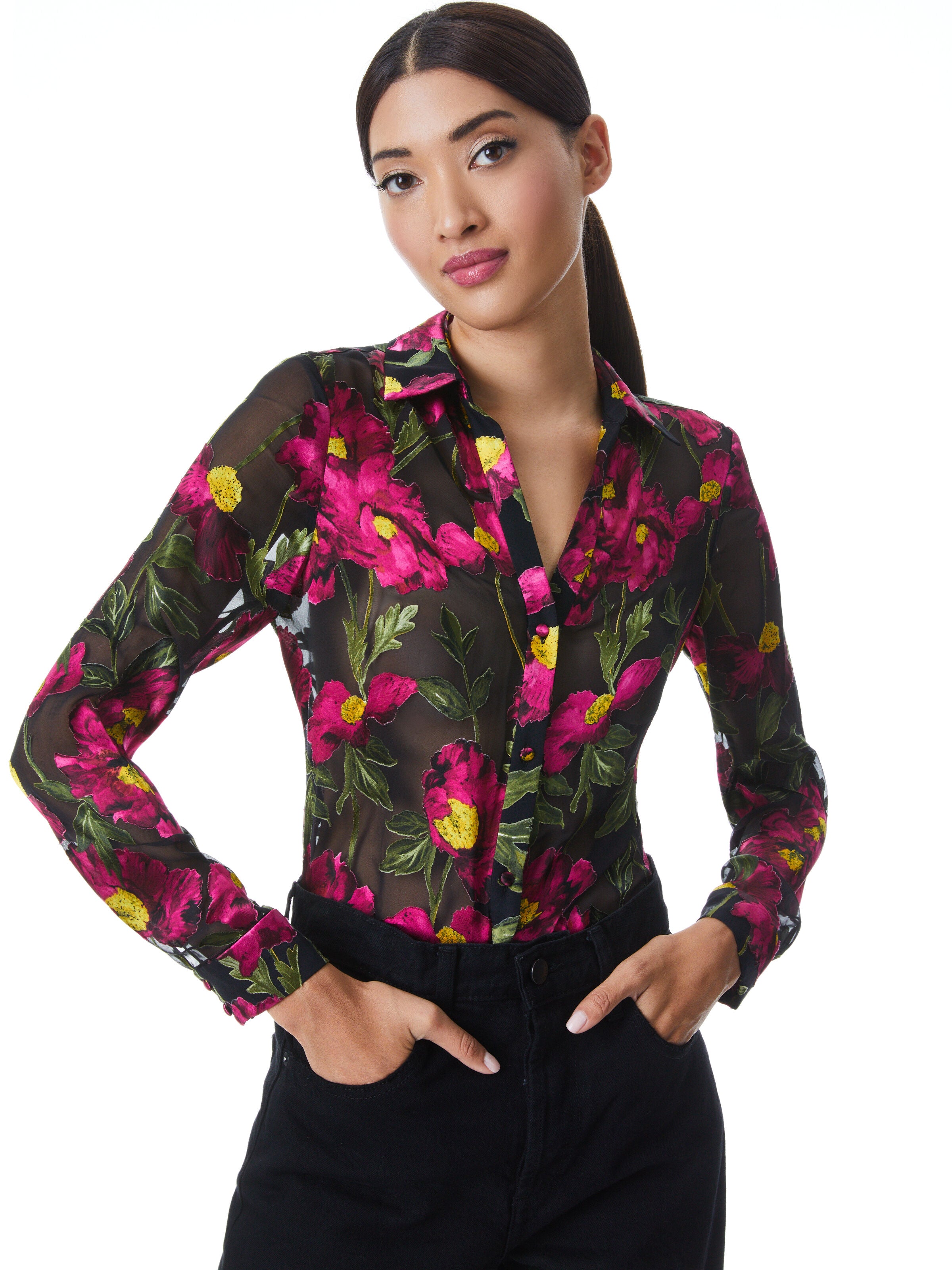 ELOISE FLORAL BUTTON DOWN BLOUSE-CALIFORNIA POPPY-ALICE + OLIVIA