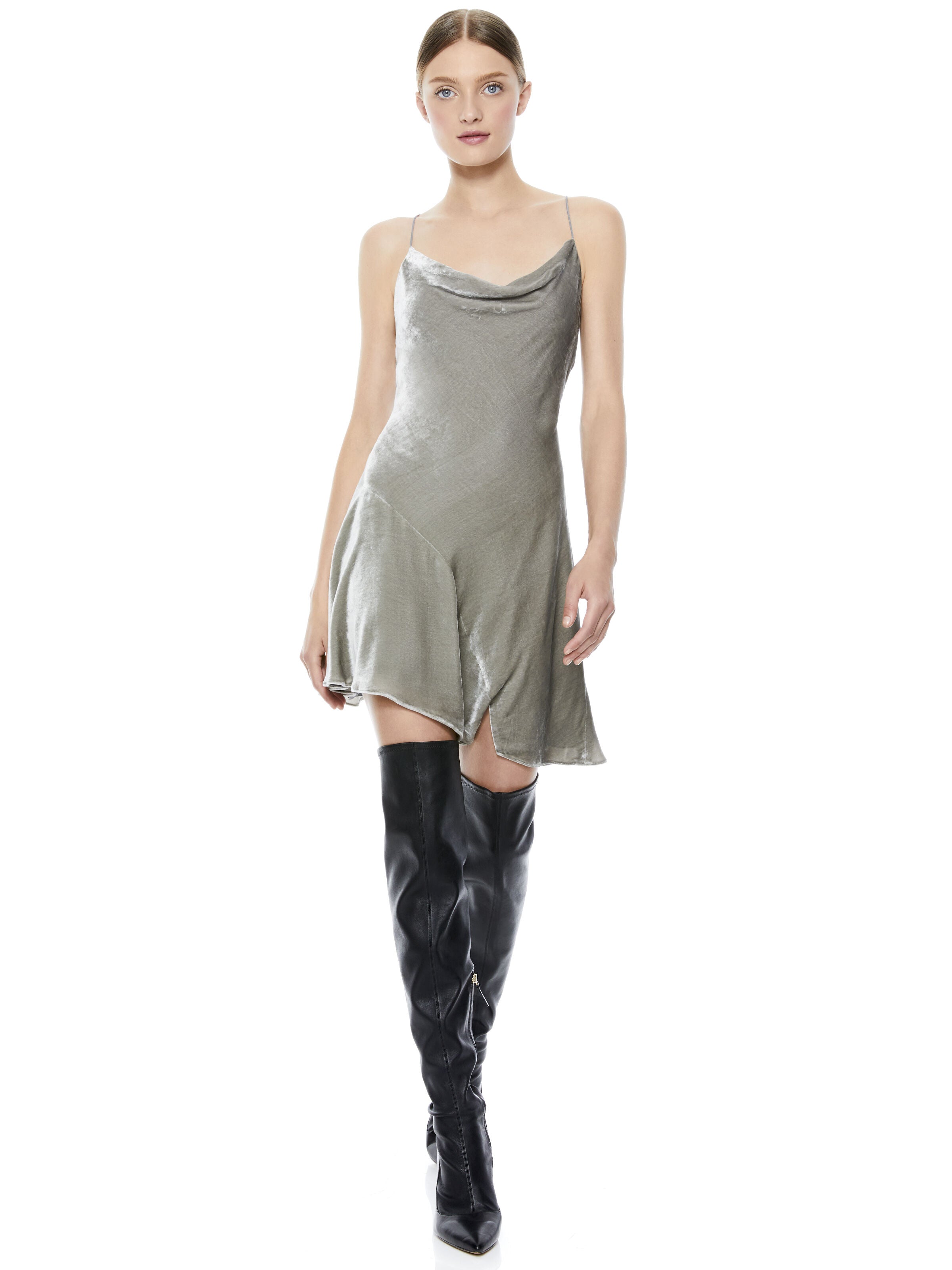 CARMELINA VELVET SLIP DRESS-SILVER-ALICE + OLIVIA