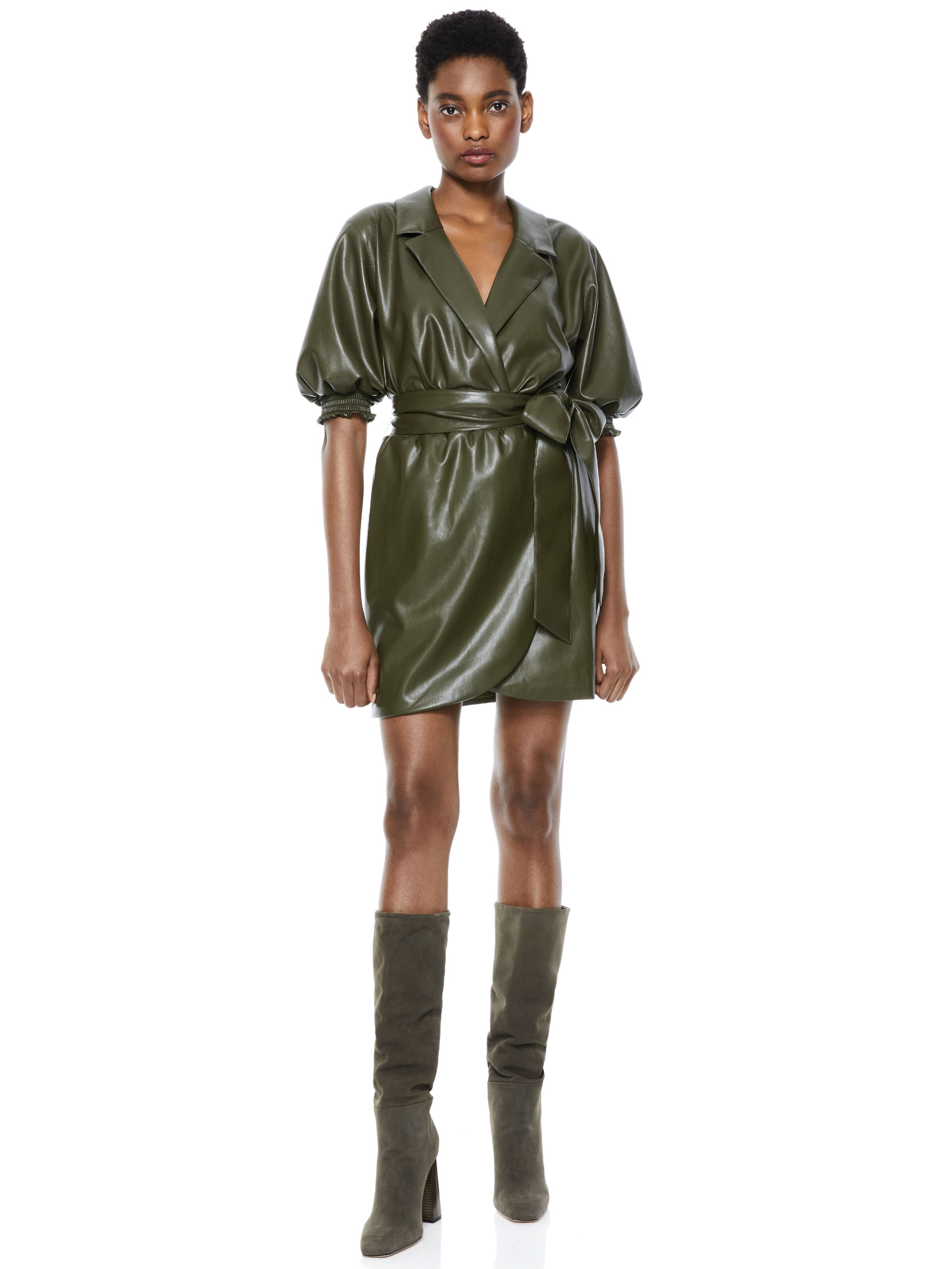 MAUREEN VEGAN LEATHER MINI DRESS in OLIVE