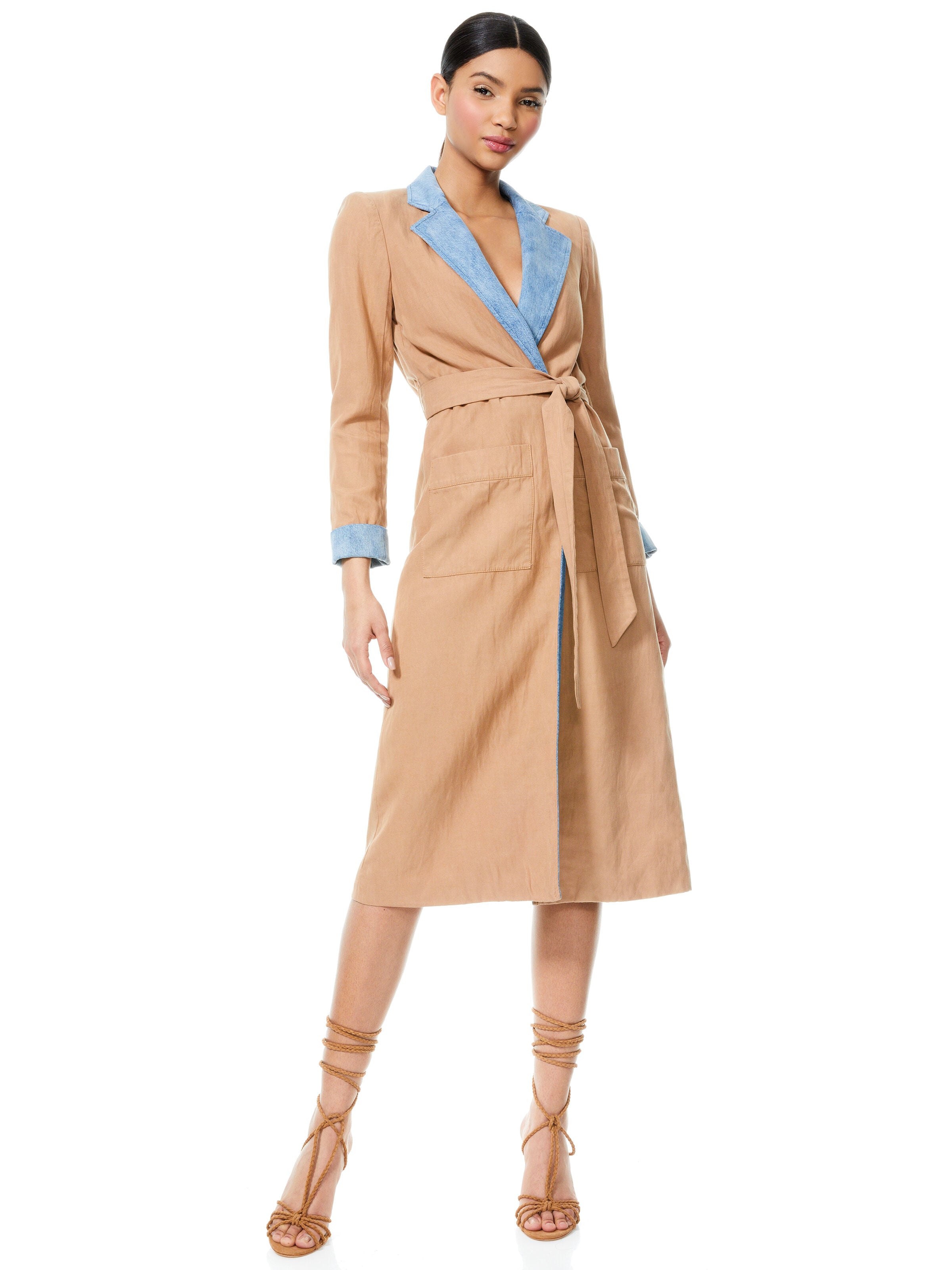 VERNA TIE WAIST ROBE COAT-CAMEL/COMBO-ALICE + OLIVIA