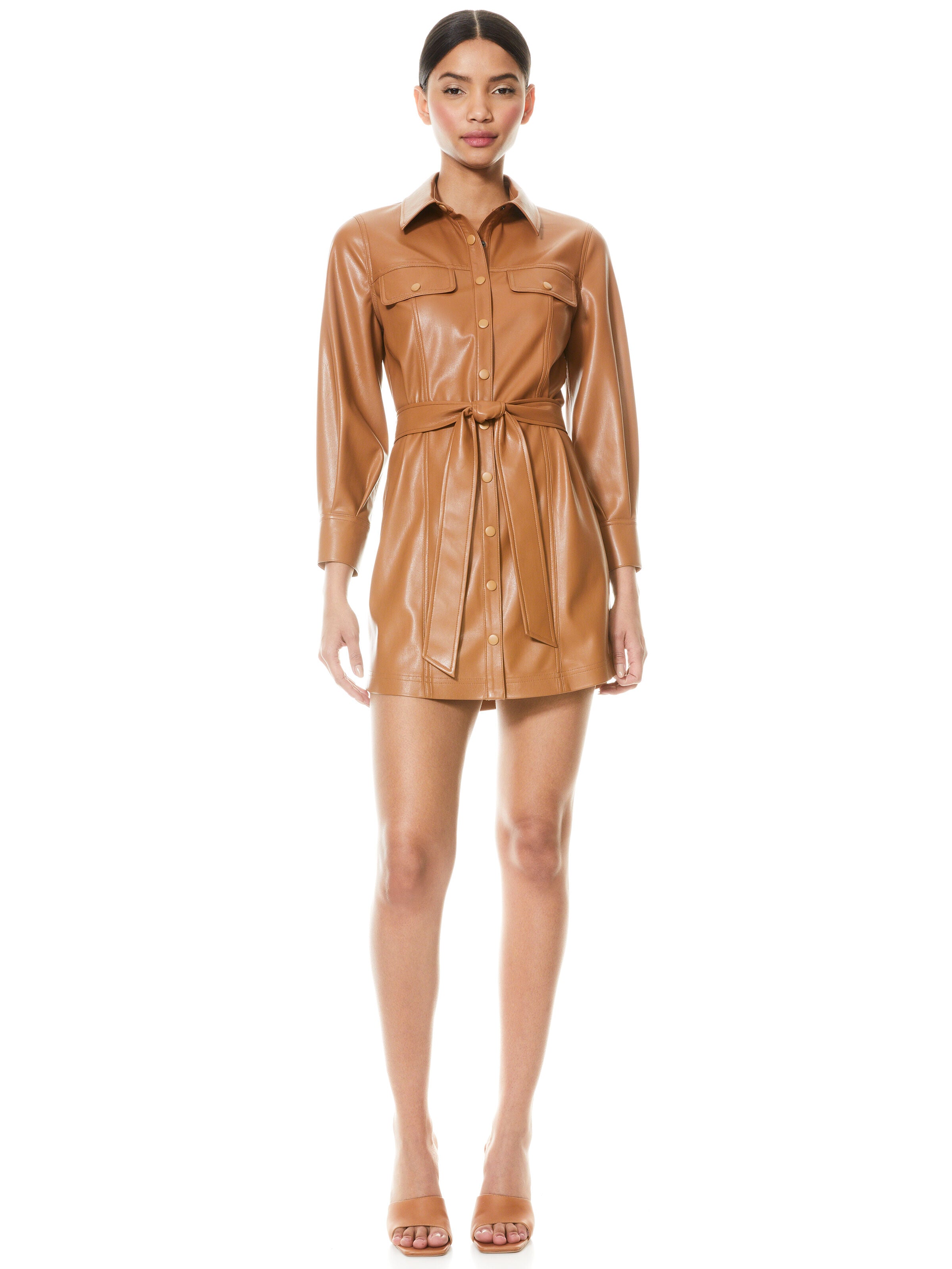 MIRANDA VEGAN TIE WAIST MINI DRESS-Black-ALICE + OLIVIA