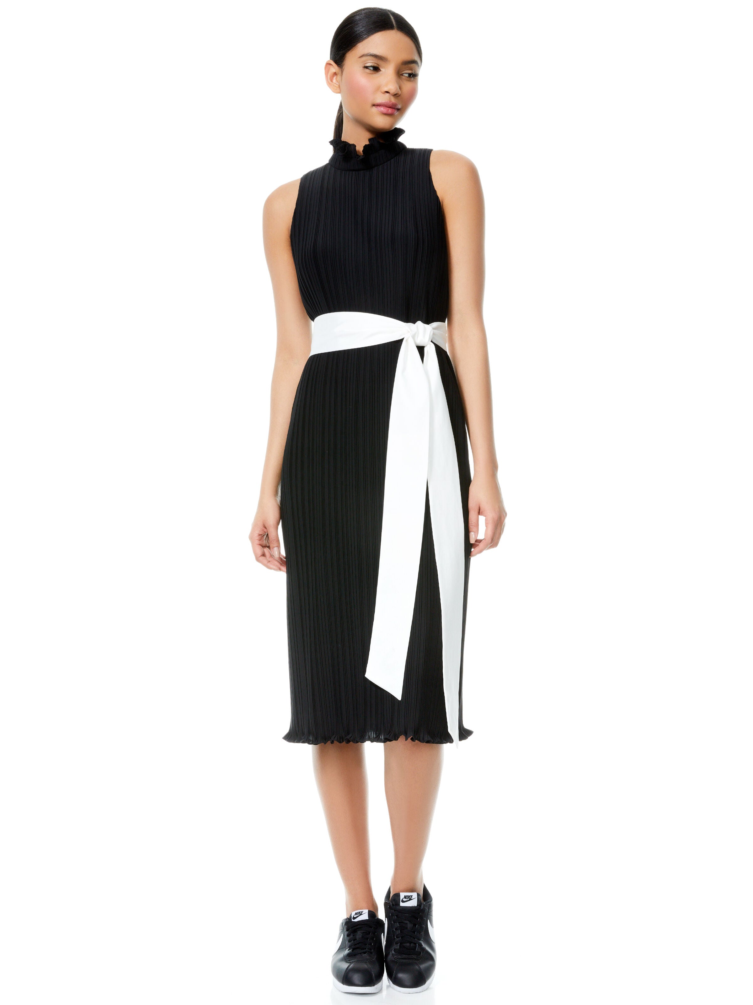 SHAYNA PLEATED MIDI DRESS-Black-ALICE + OLIVIA