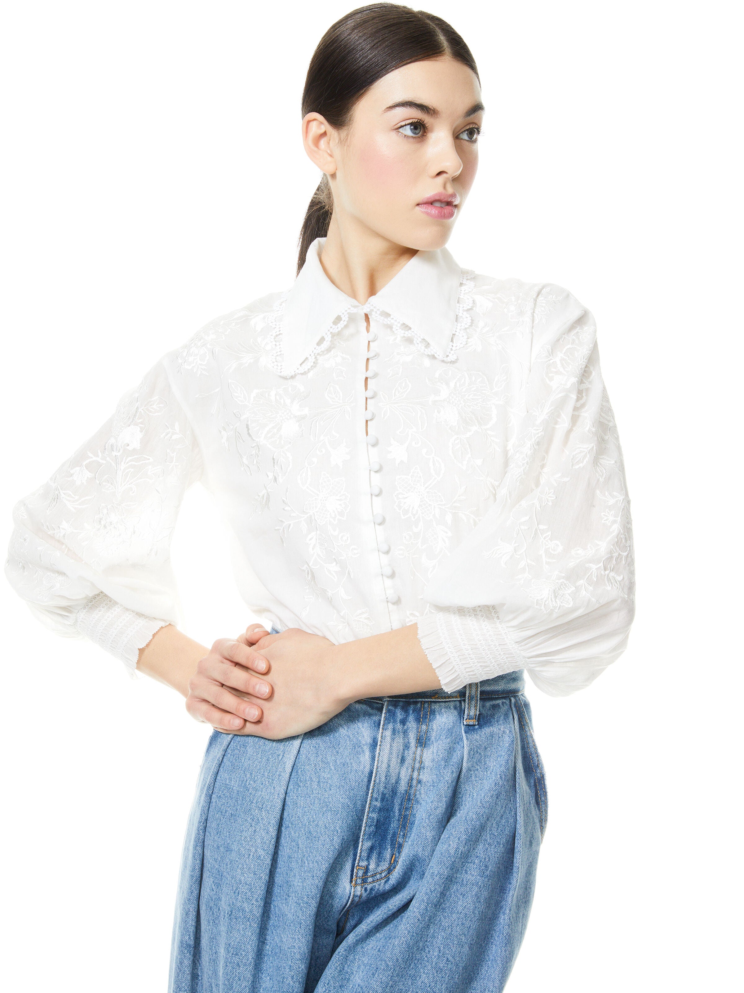 ONELLA EMBROIDERED BUTTON FRONT BLOUSE-OFF WHITE-ALICE + OLIVIA