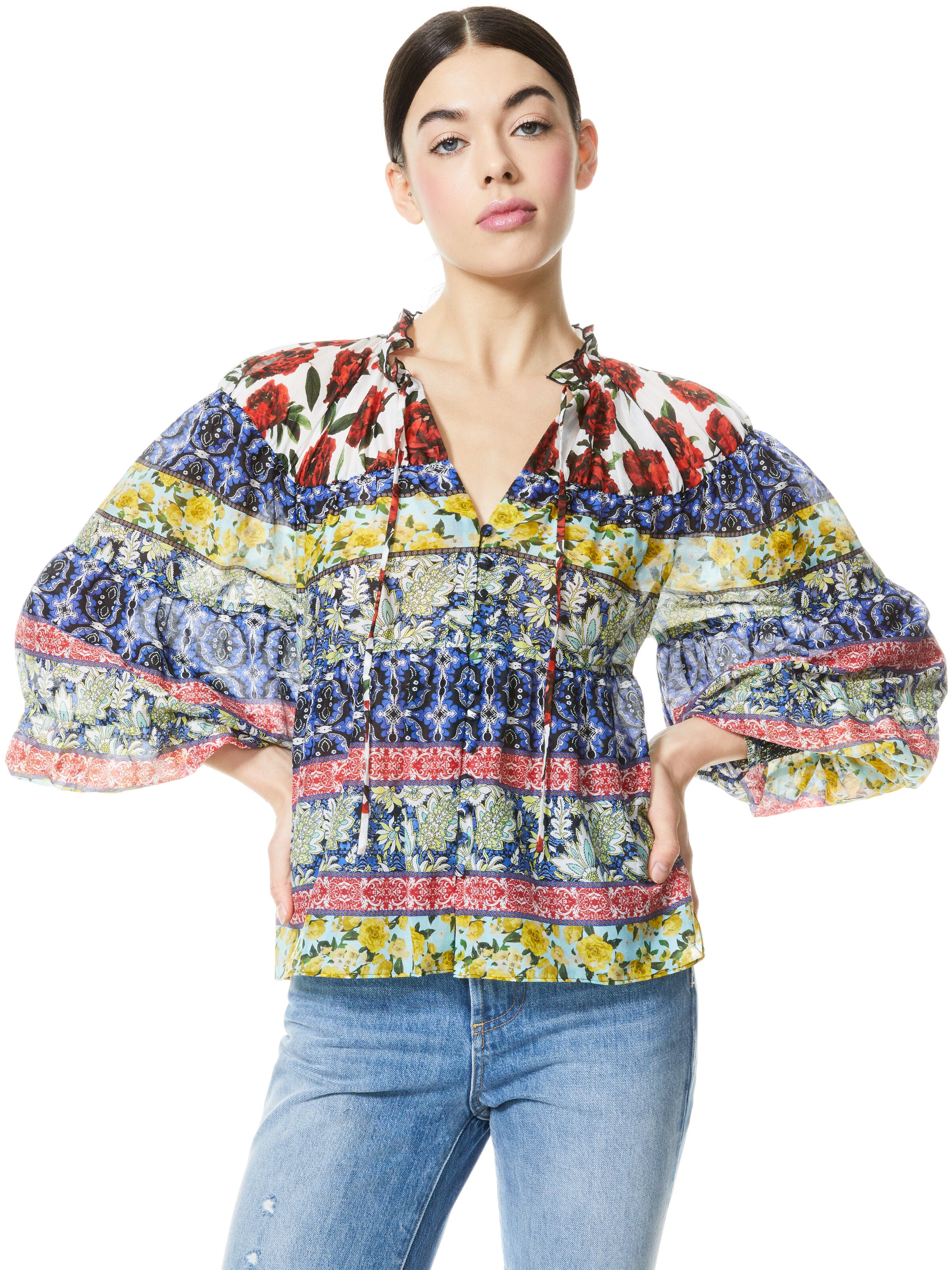 MARLYN TIE NECK BLOUSE-FRENCH QUARTERS MULTI-ALICE + OLIVIA