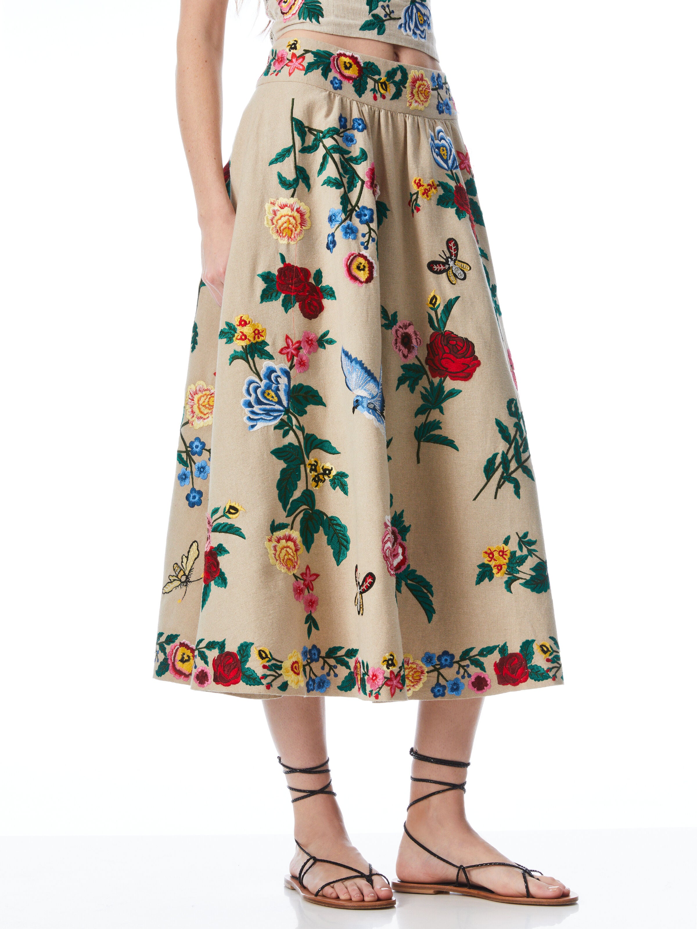 EARLA FLORAL EMBROIDERED MIDI SKIRT-OATMEAL/MULTI-ALICE + OLIVIA