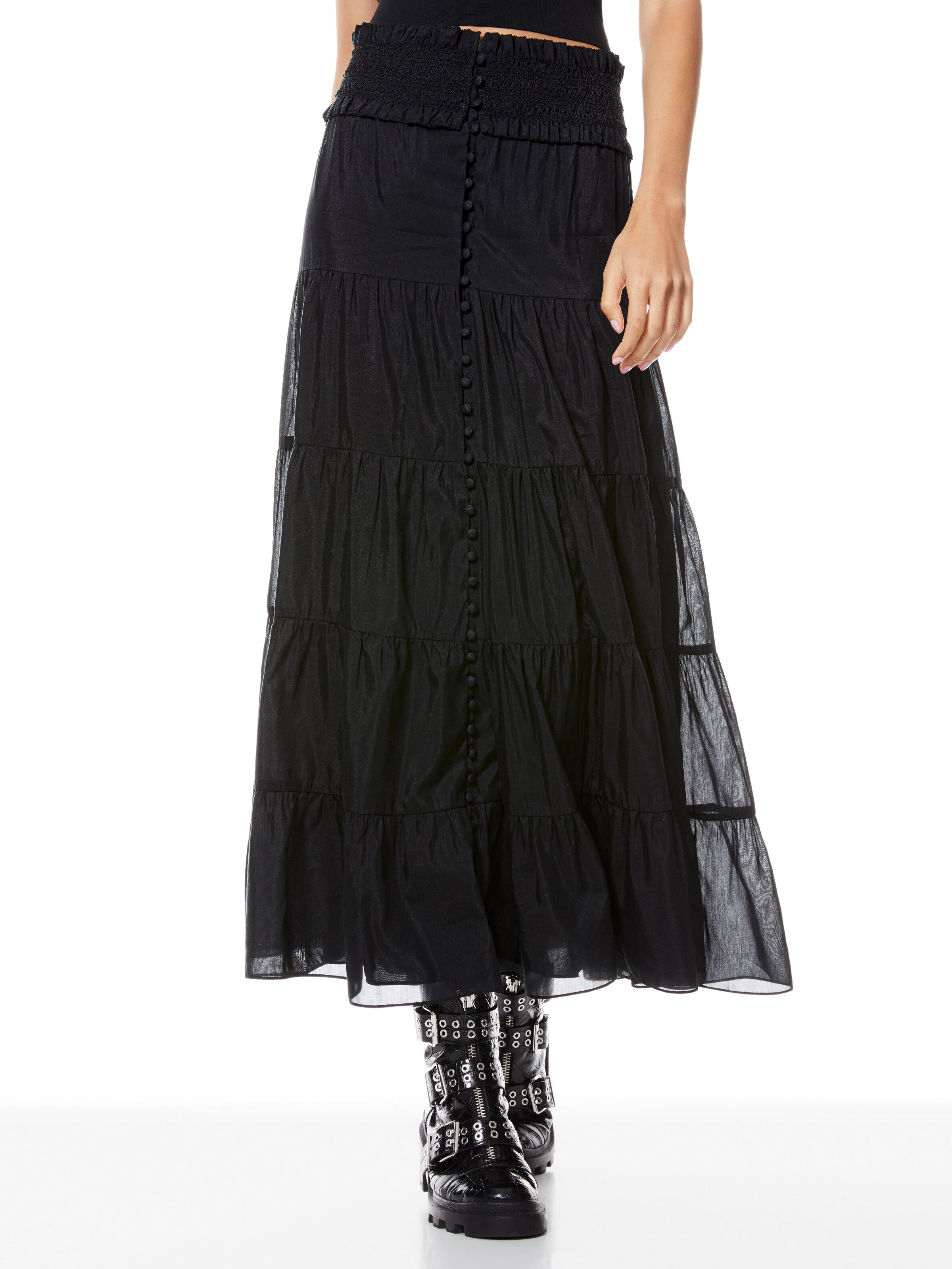 AISHA BUTTON FRONT MIDI SKIRT-Black-ALICE + OLIVIA
