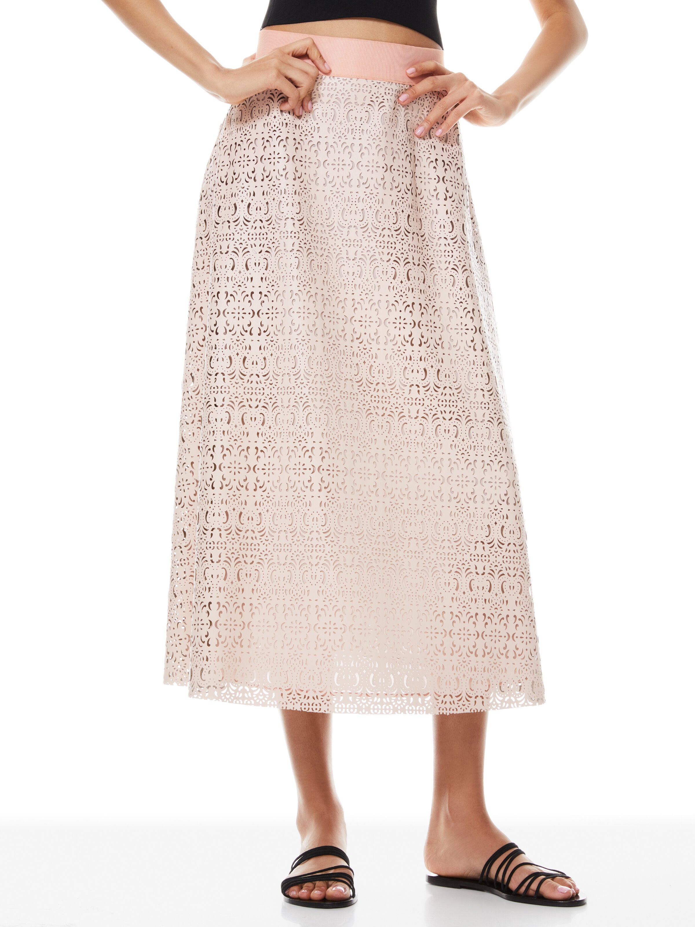 SOSIE VEGAN LEATHER MIDI SKIRT-BLUSH-ALICE + OLIVIA