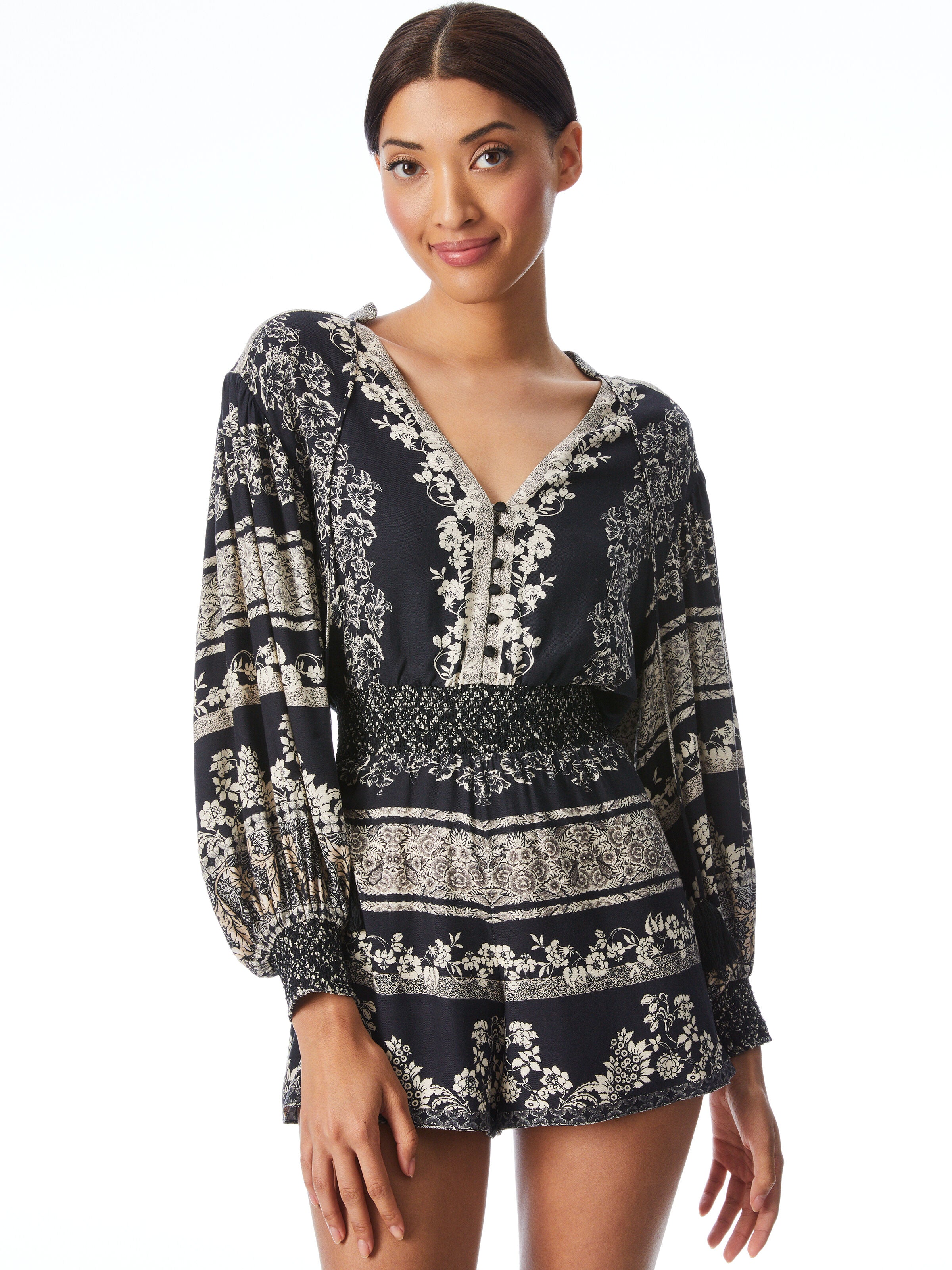 SENNA SMOCKED WAIST ROMPER-BLOCK ART BLACK MULTI-ALICE + OLIVIA