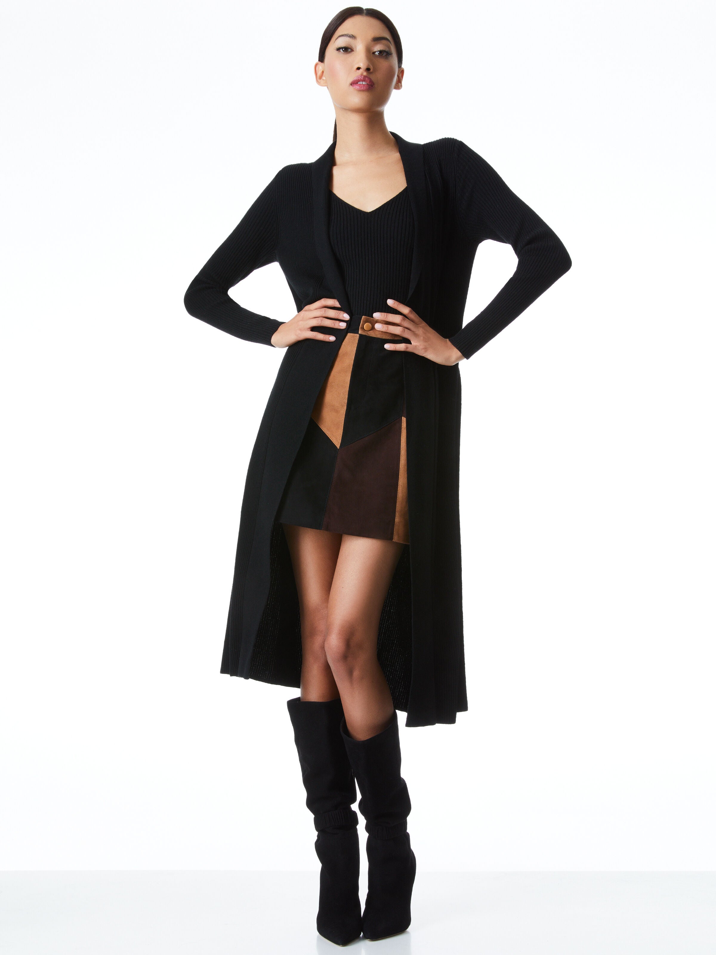 WAVERLY LONG RIBBED CARDIGAN-Black-ALICE + OLIVIA