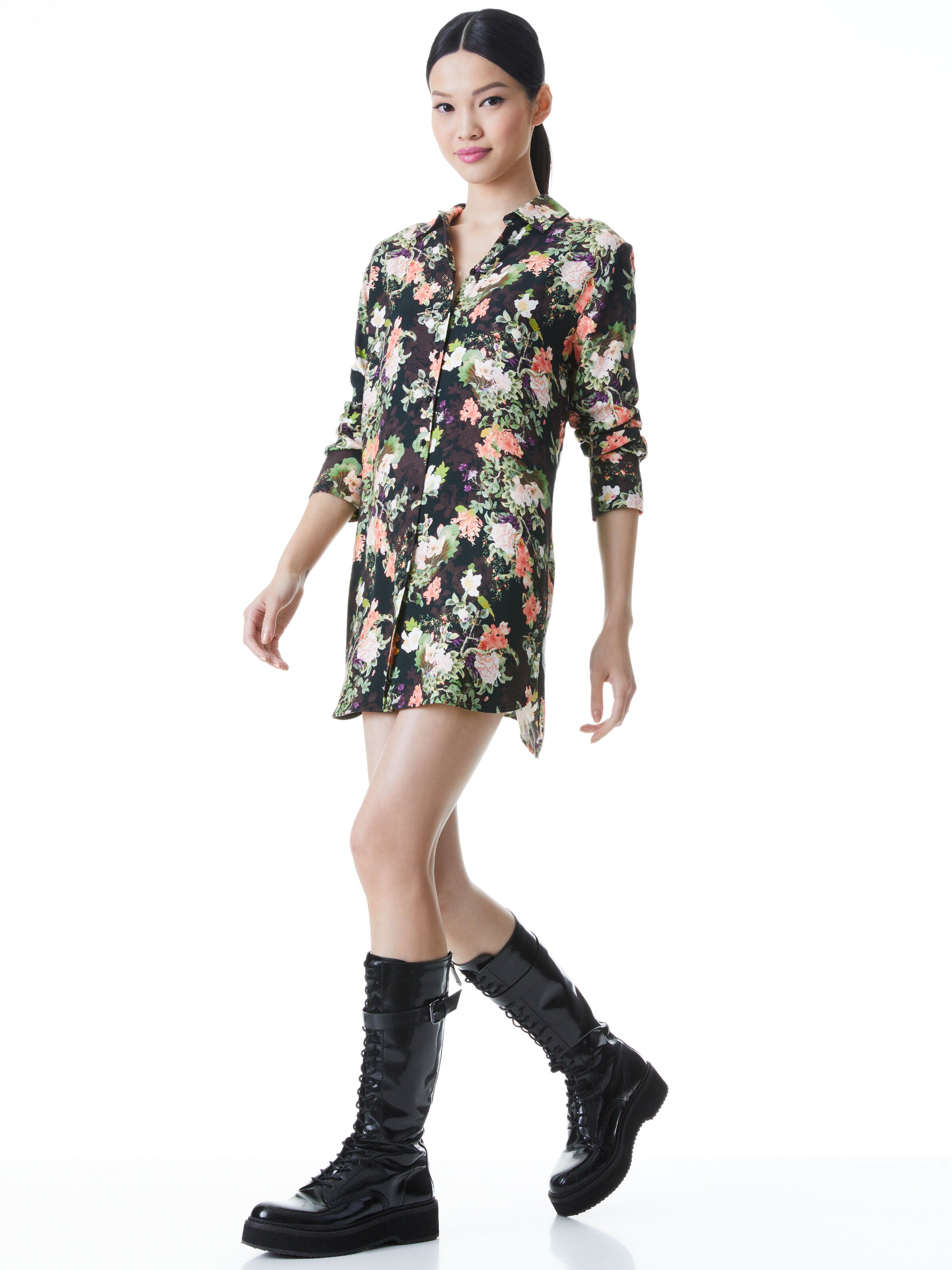 HALLIE FLORAL SHIRT DRESS-ROMANCE BLACK-ALICE + OLIVIA
