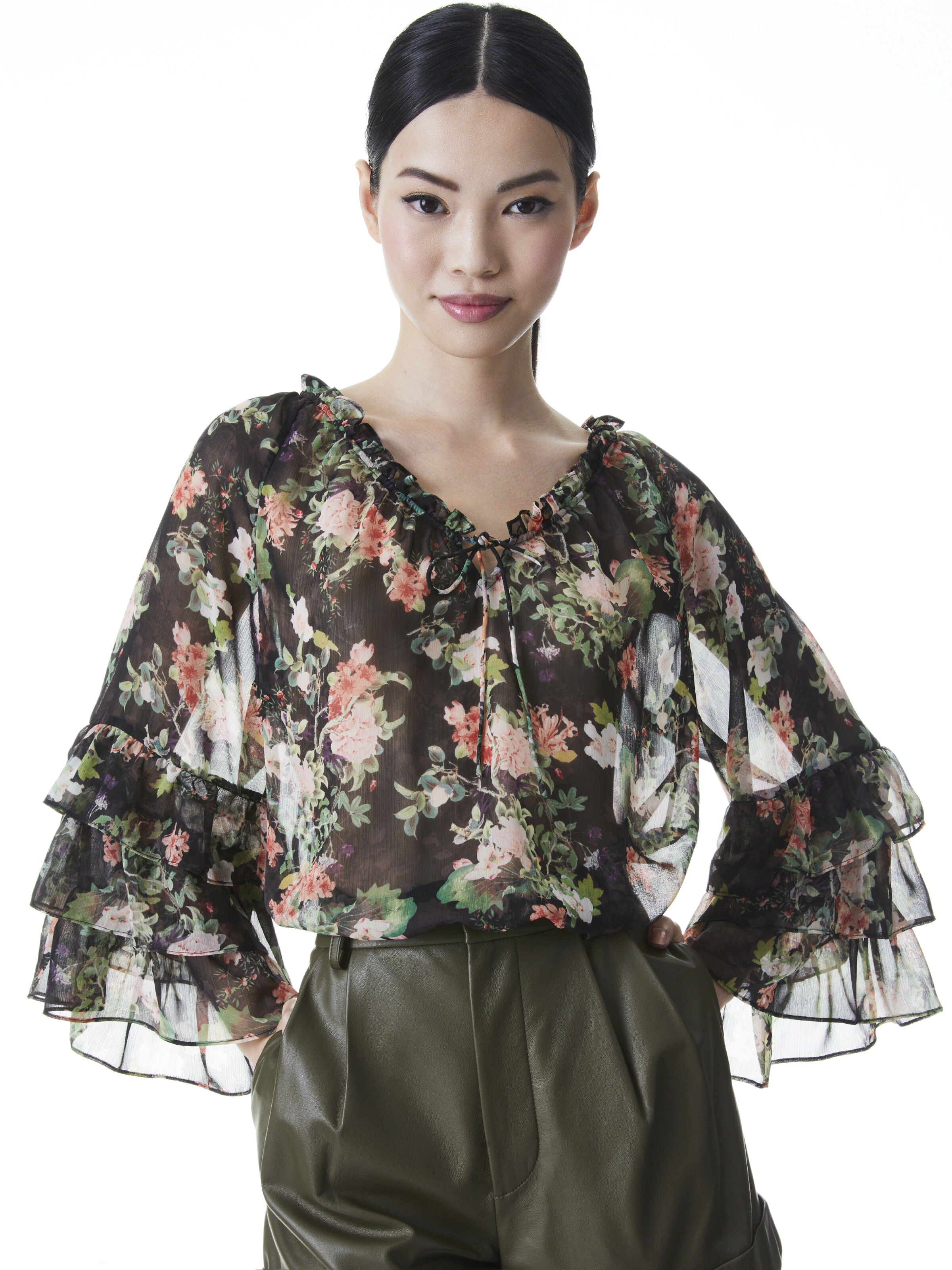 KALLIE RUFFLE SLEEVE BLOUSE-ROMANCE BLACK-ALICE + OLIVIA