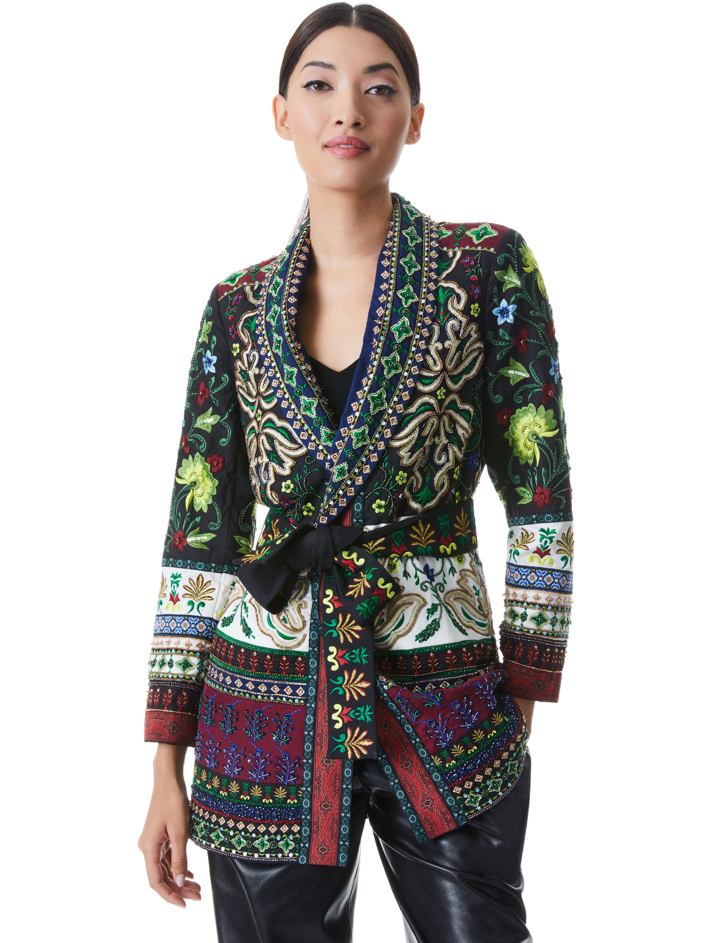 WHEATON EMBROIDERED SHAWL COLLAR BLAZER-BLACK/MULTI-ALICE + OLIVIA