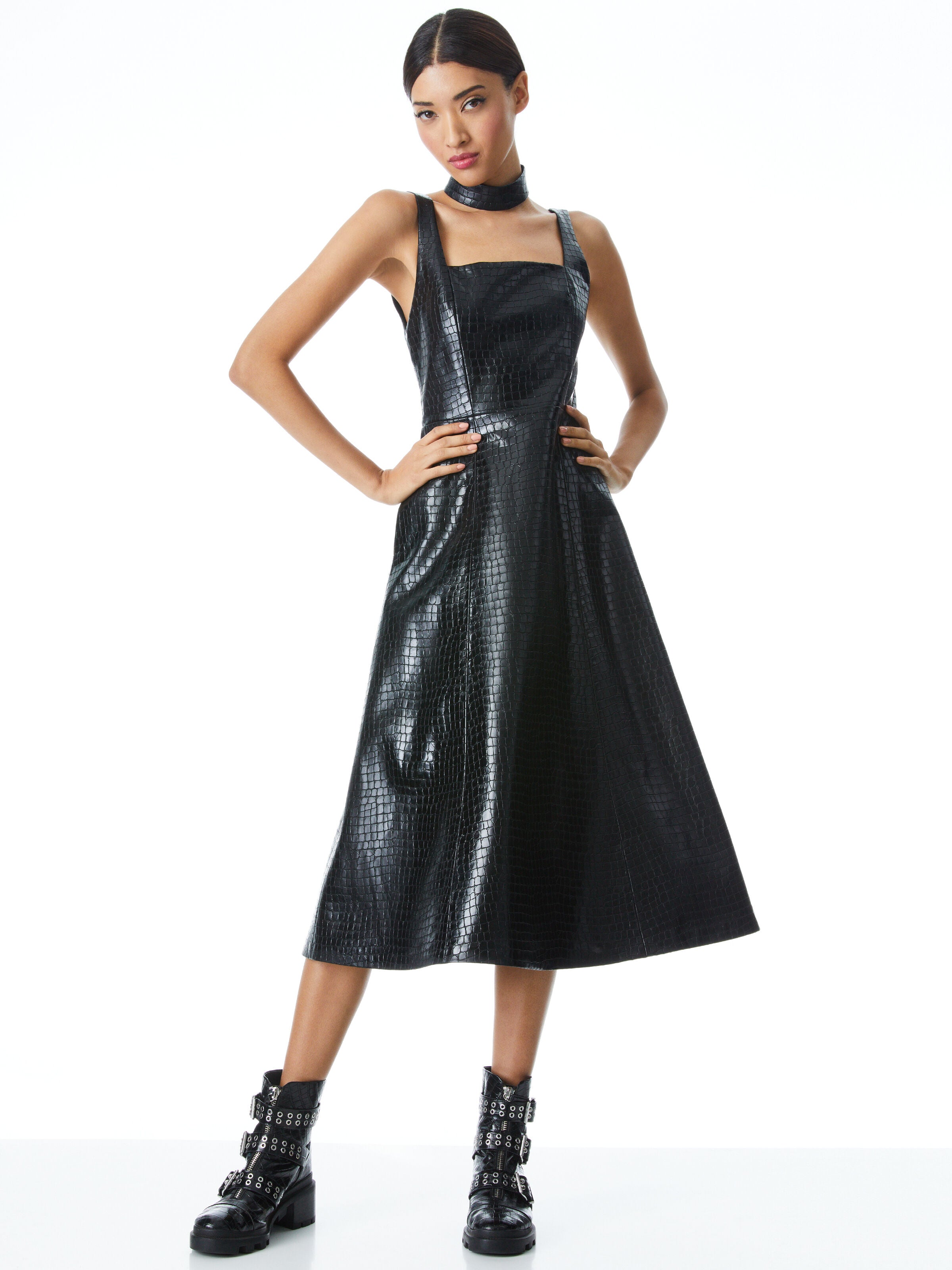 MARCIELA VEGAN LEATHER MIDI DRESS-Black-ALICE + OLIVIA